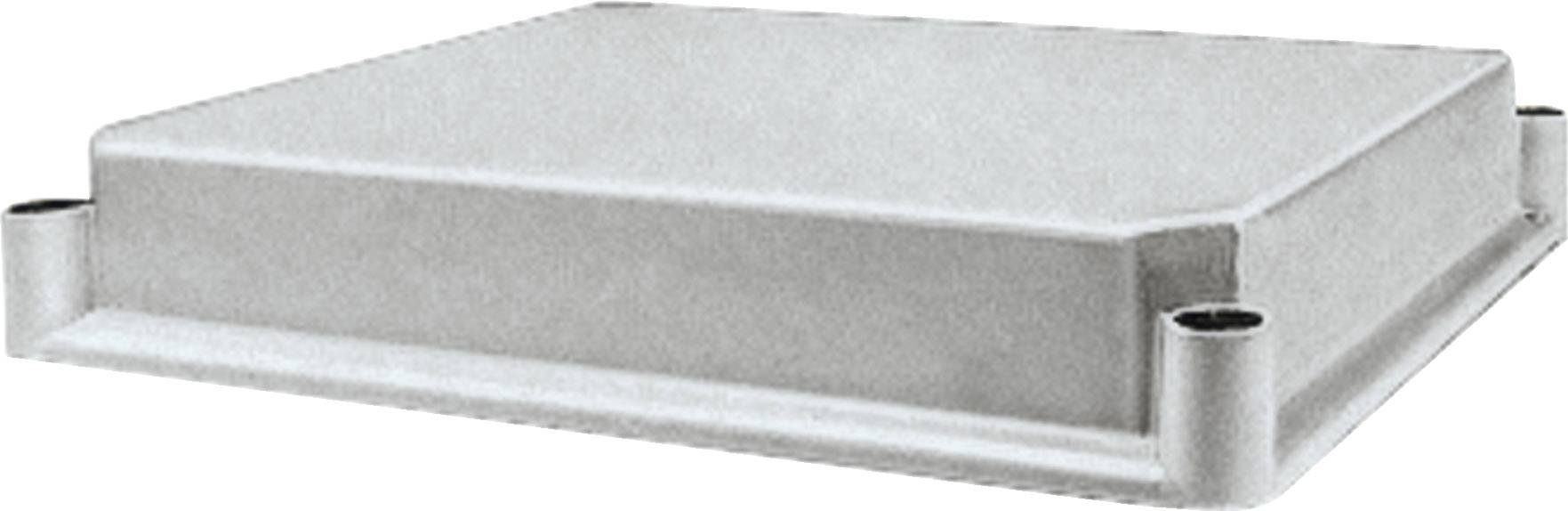 Ein rechteckiges, flaches Metallteil mit abgerundeten Ecken und vier Schrauböffnungen an den Ecken, möglicherweise ein Gehäuseelement.