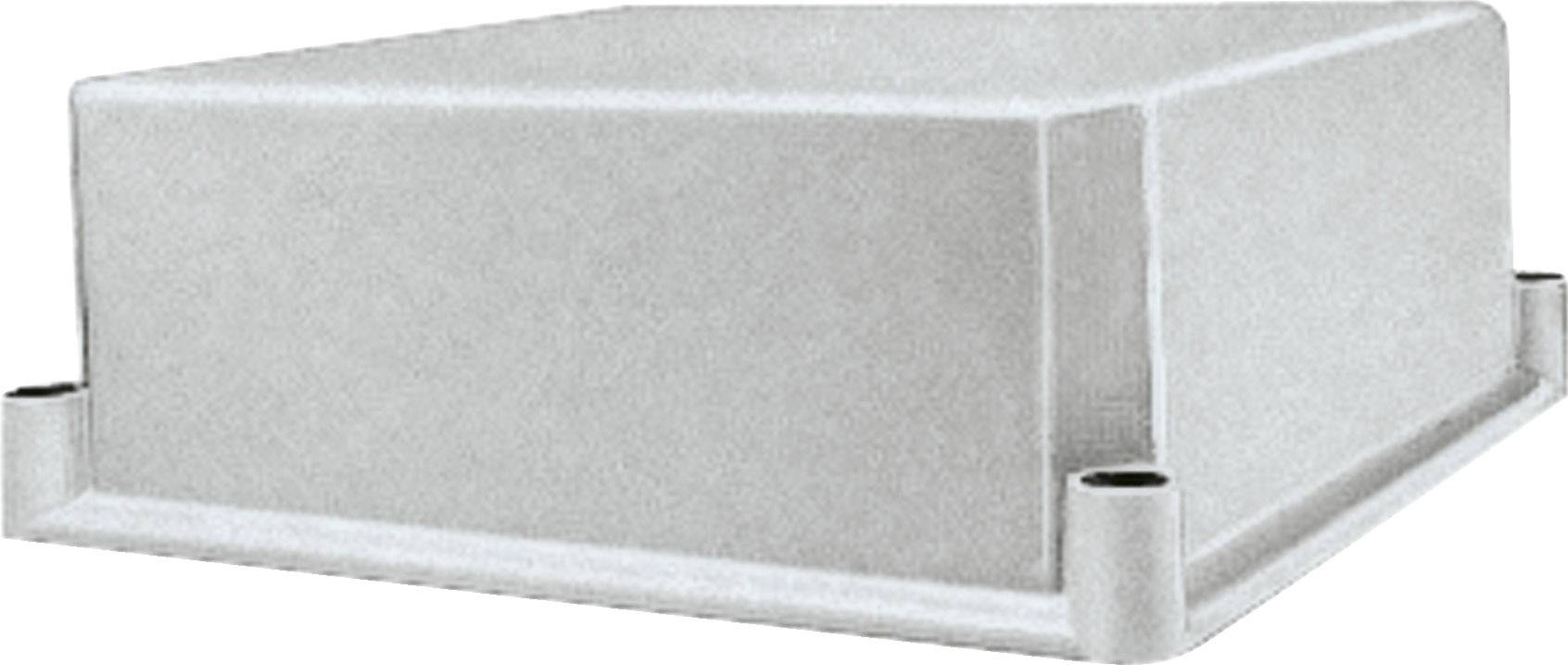 Rechteckiges graues Elektronikgehäuse mit abnehmbarem Deckel und Befestigungslöchern an den Ecken.