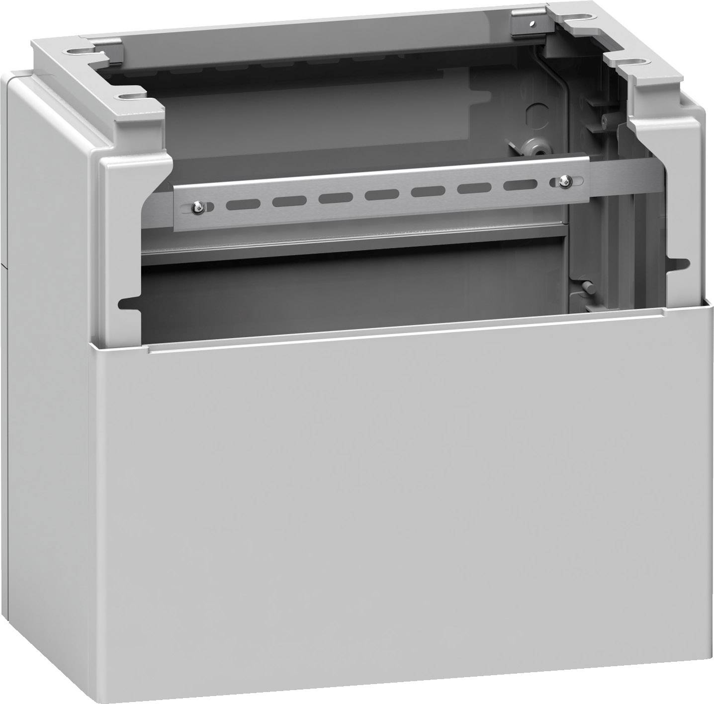 Ein graues, rechteckiges Gehäuse, möglicherweise für elektronische Bauteile, mit offenem Oberteil und sichtbaren Innenstrukturen.