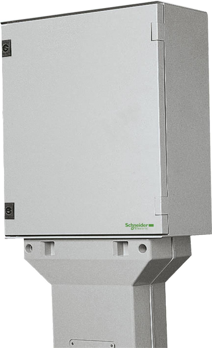 Schaltschrank aus Metall mit grauer Tür, montiert auf einem stabilen Sockel. Logo der Firma Schneider Electric auf der Tür.