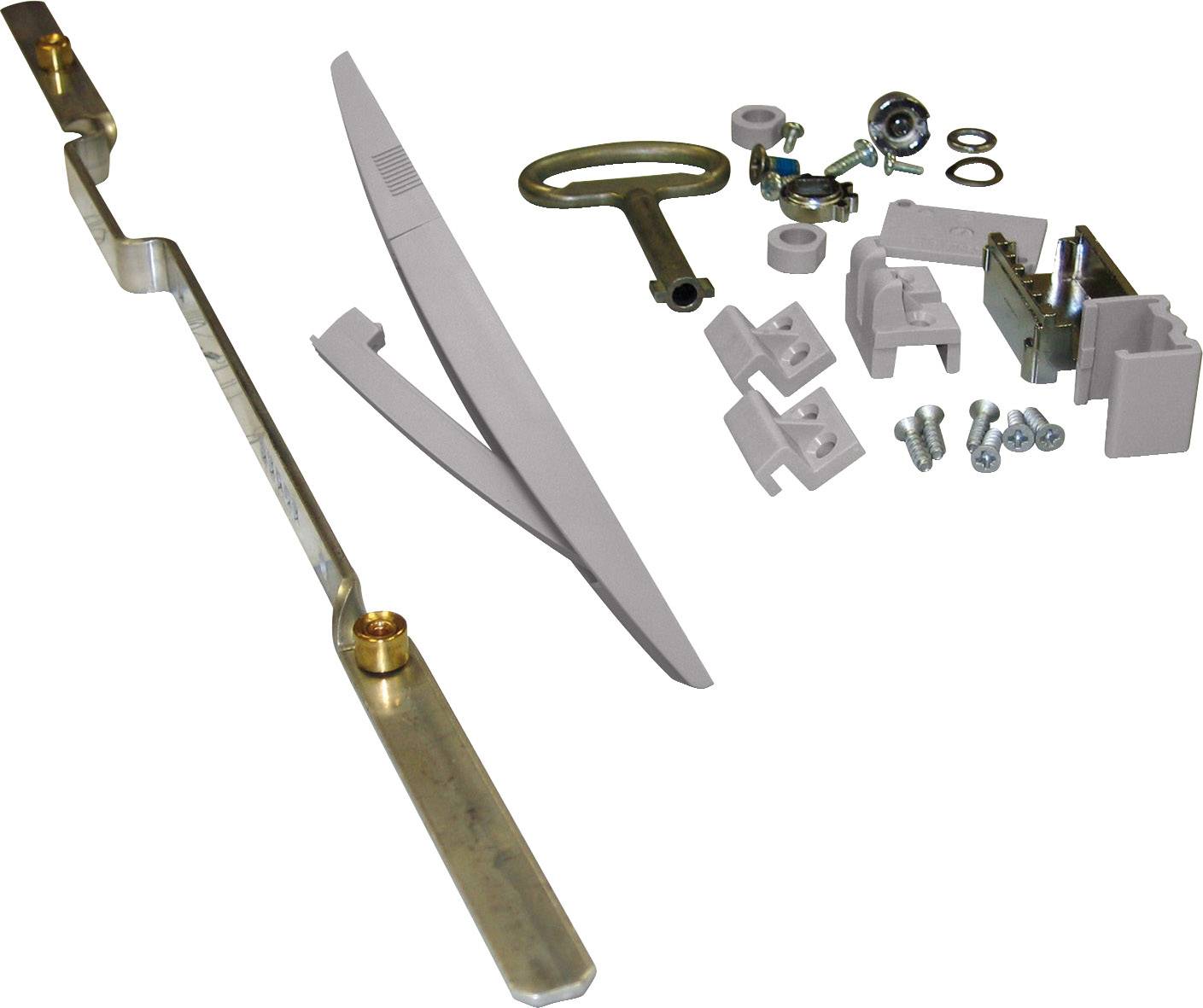 Türbeschlag-Set mit Griff, Scharnier, Schrauben und Zubehörteilen zur Installation. Geeignet für Holz- oder Metalltüren.