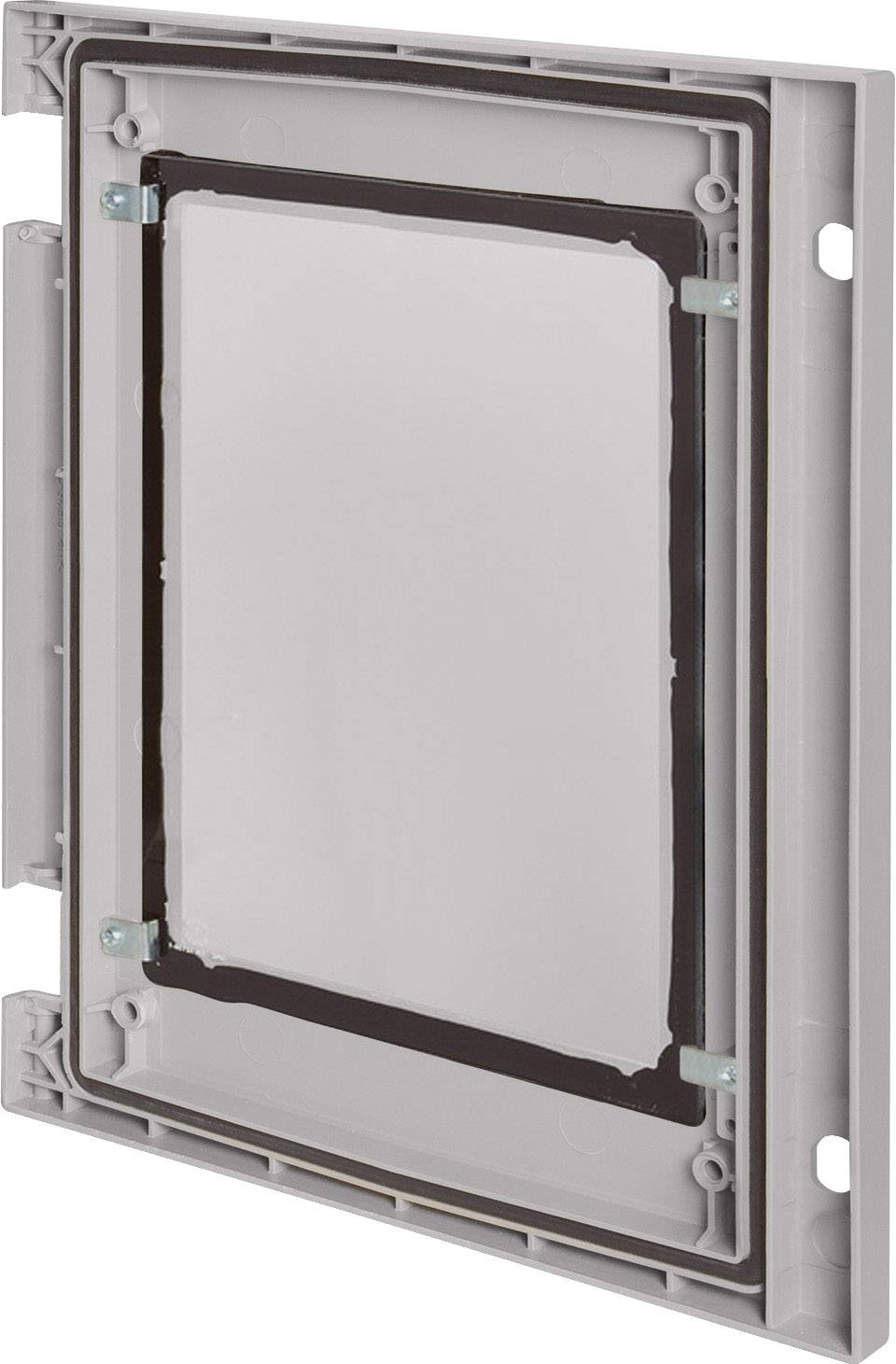 Ein rechteckiger, grauer Elektronikgehäusedeckel mit transparentem Mittelteil und Scharnieren an der linken Seite.