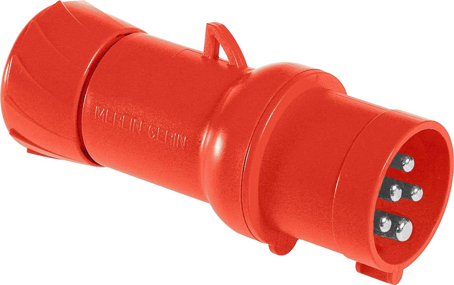 Roter, zylindrischer Steckerstecker mit mehreren Stiften, verwendet für industrielle elektrische Verbindungen.
