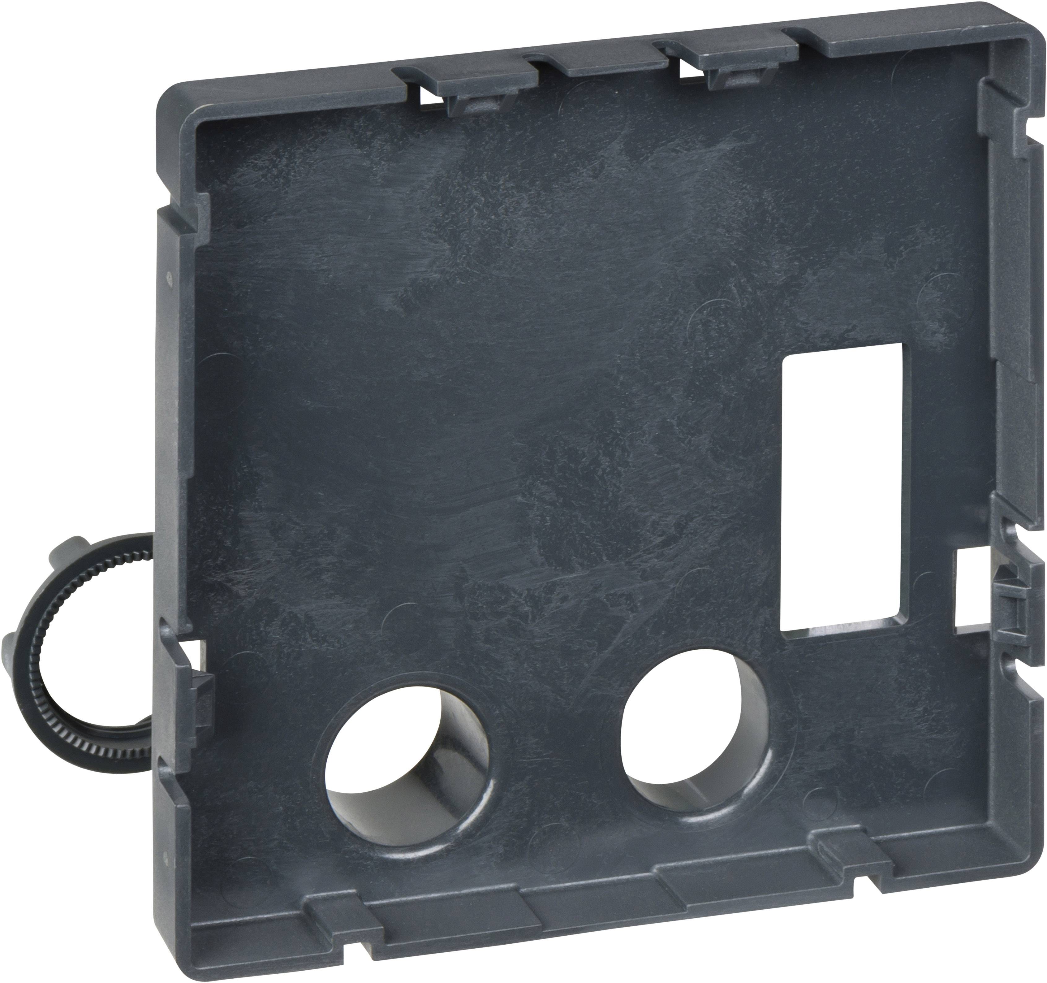 Ein rechteckiger schwarzer Rahmen mit drei Öffnungen: zwei runde unten und eine rechteckige vertikal rechts.