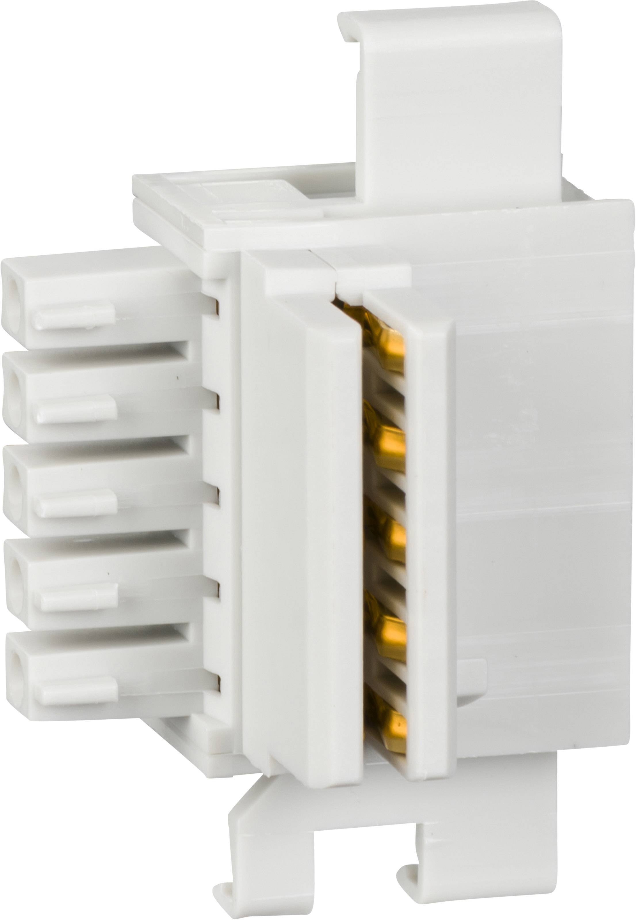 Weißer elektrischer Steckverbinder mit mehreren Buchsen und goldenen Kontakten, verwendet für die Verbindung von elektrischen Leitungen.