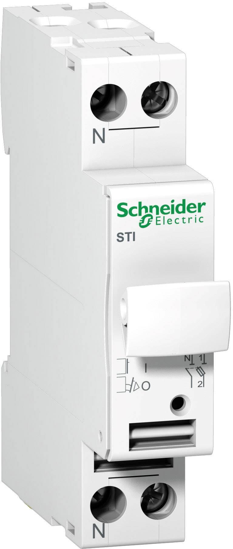 Ein weißer FI-Schutzschalter der Marke Schneider Electric mit zwei Anschlussklemmen oben und unten, sowie einem Kippschalter vorne.