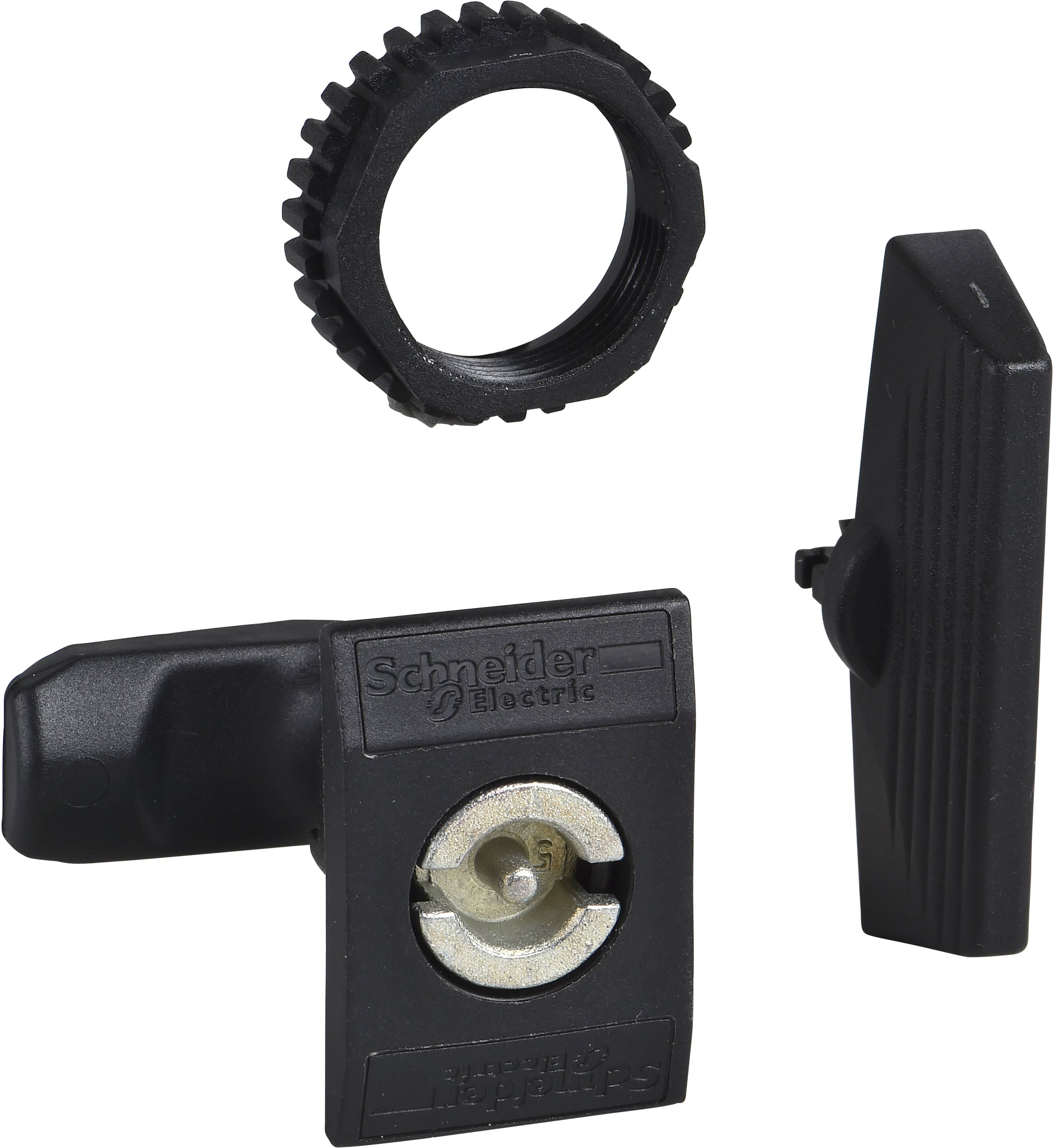 Schwarzer Drehgriffschalter von Schneider Electric mit Entriegelungsmechanismus, abnehmbarem Griff und Sicherungsmutter.