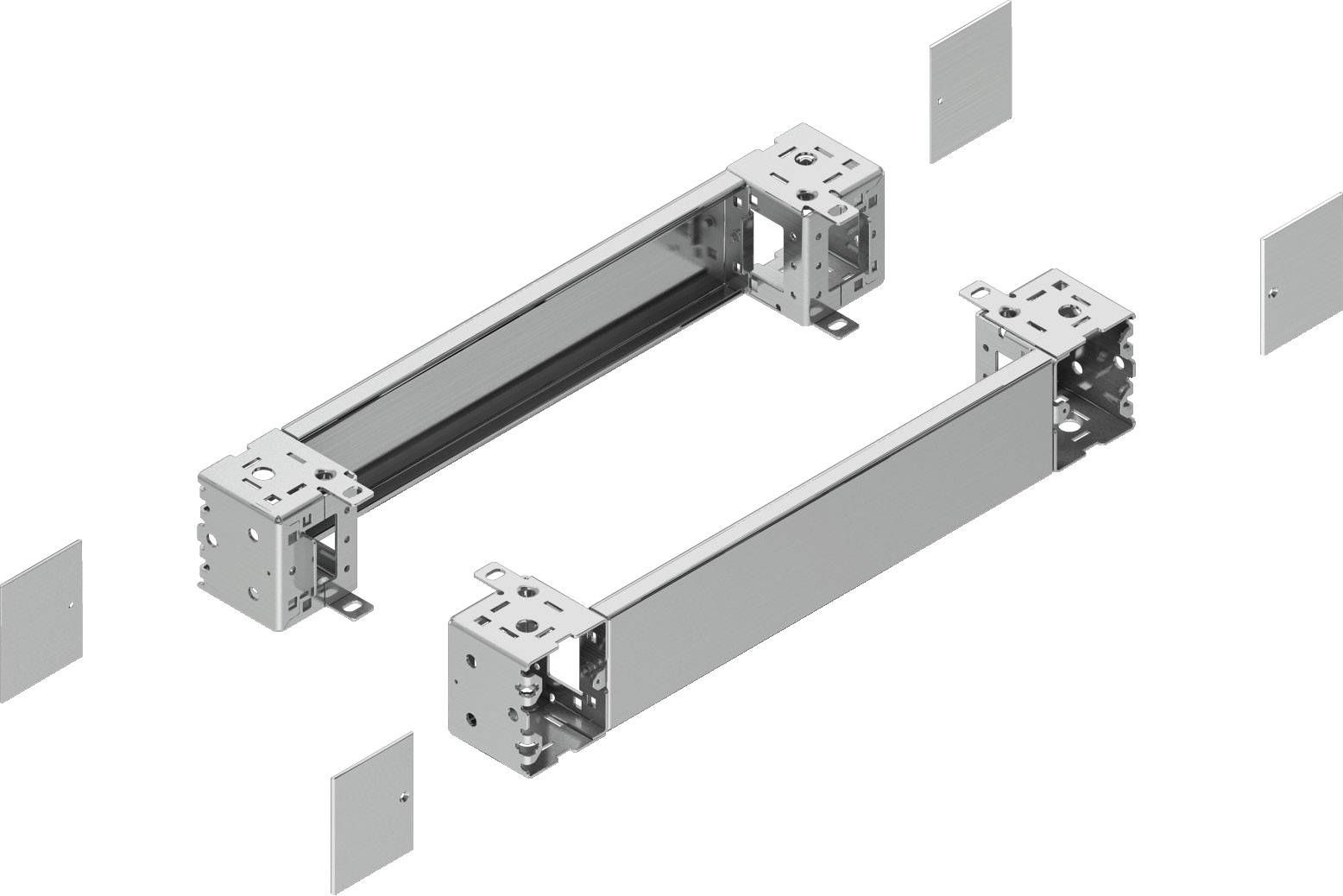 Metallrahmenkonstruktion mit rechteckigen Elementen, die auf beiden Seiten und an den Enden Anschlussplatten haben.