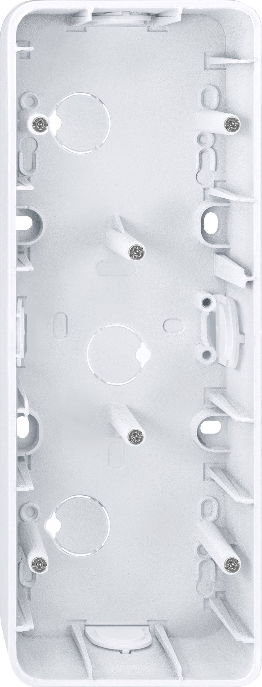 Eine weiße, rechteckige Plastikhalterung mit mehreren Schraublöchern und Befestigungspunkten, vermutlich für eine elektrische Wandinstallation.