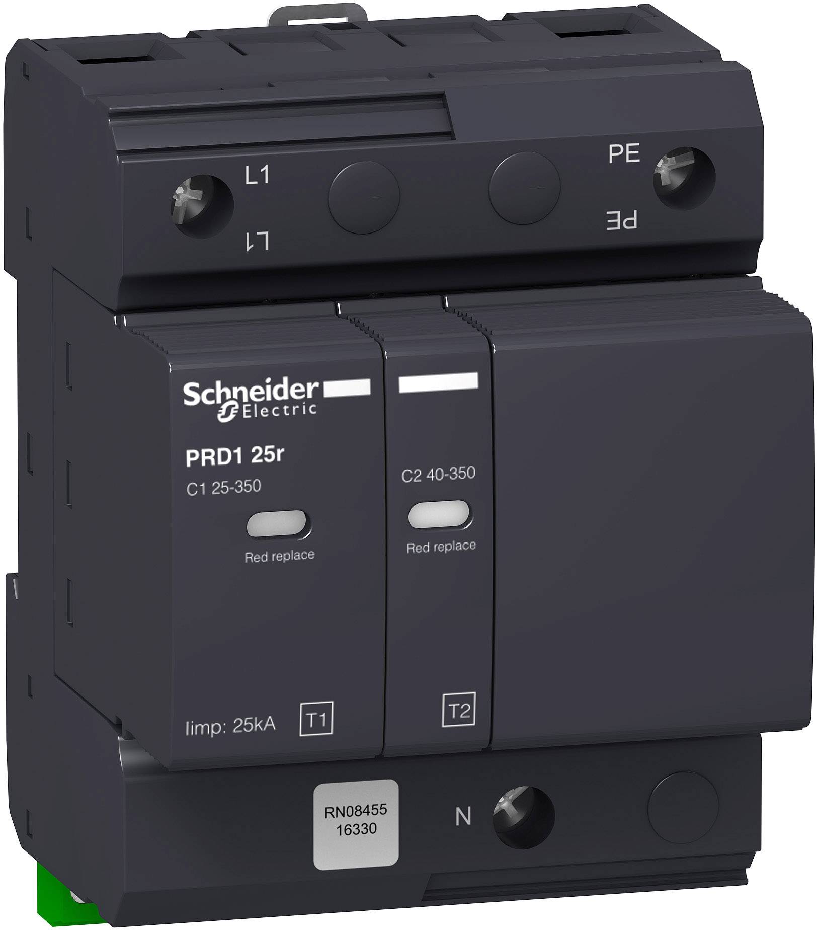 'Schneider Electric PRD1 25r' Überspannungsschutzgerät in Schwarz mit Beschriftungen für L1, L2, PE, C1 25-350, C2 40-350 und Austauschanzeigen.