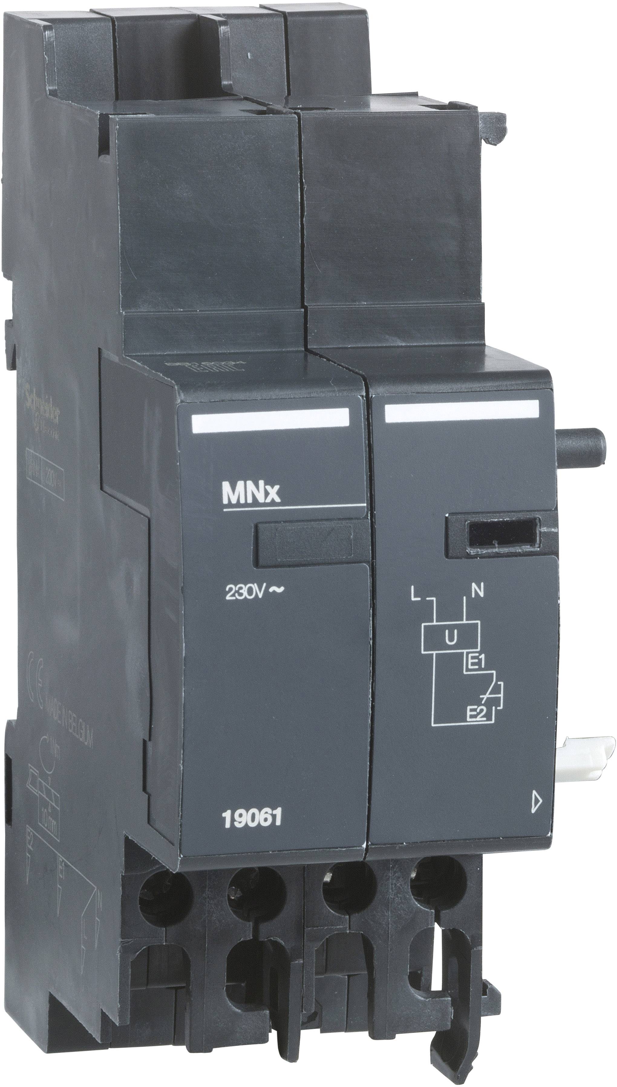Ein schwarzer elektrischer Leistungsschalter mit der Markierung 'MNx' und den Angaben '230V~', Schaltsymbolen und Anschlüssen.