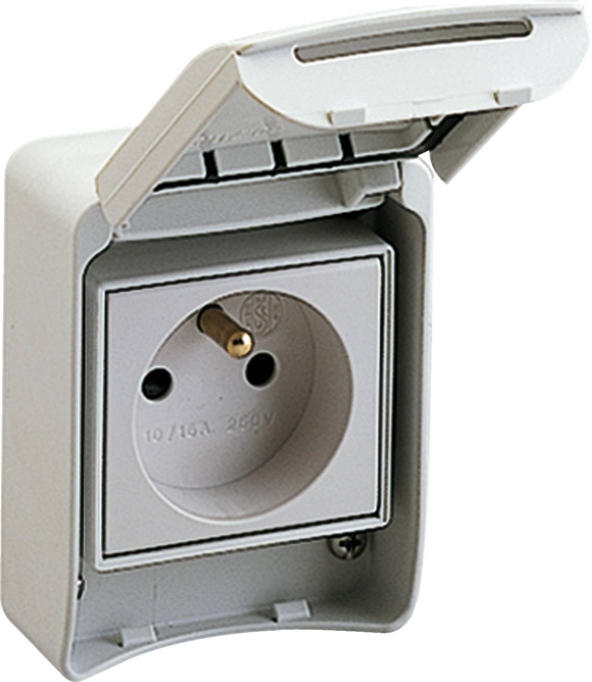 Weiße Außensteckdose mit Klappdeckel, geöffnet. Geeignet für 10/16A und 250V, geschützt vor Witterungseinflüssen.