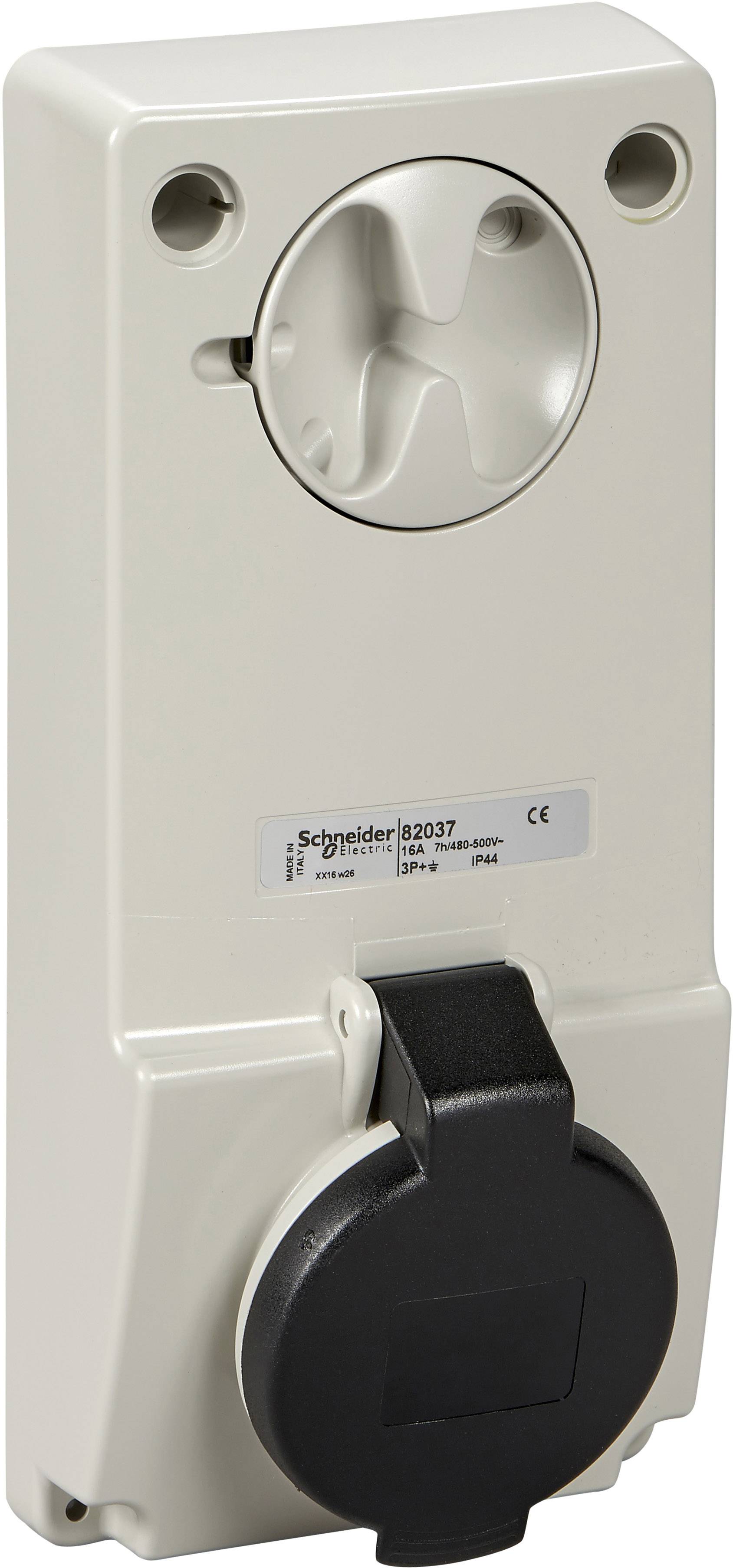 Ein weißer Steckdosenadapter von Schneider Electric mit schwarzem Schutzdeckel, geeignet für Wandmontage.