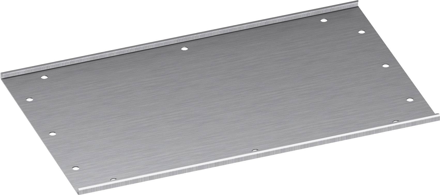 Metallplatte in rechteckiger Form mit mehreren Bohrlöchern am Rand. Glatte Oberfläche, dient möglicherweise als Befestigungs- oder Abdeckelement.