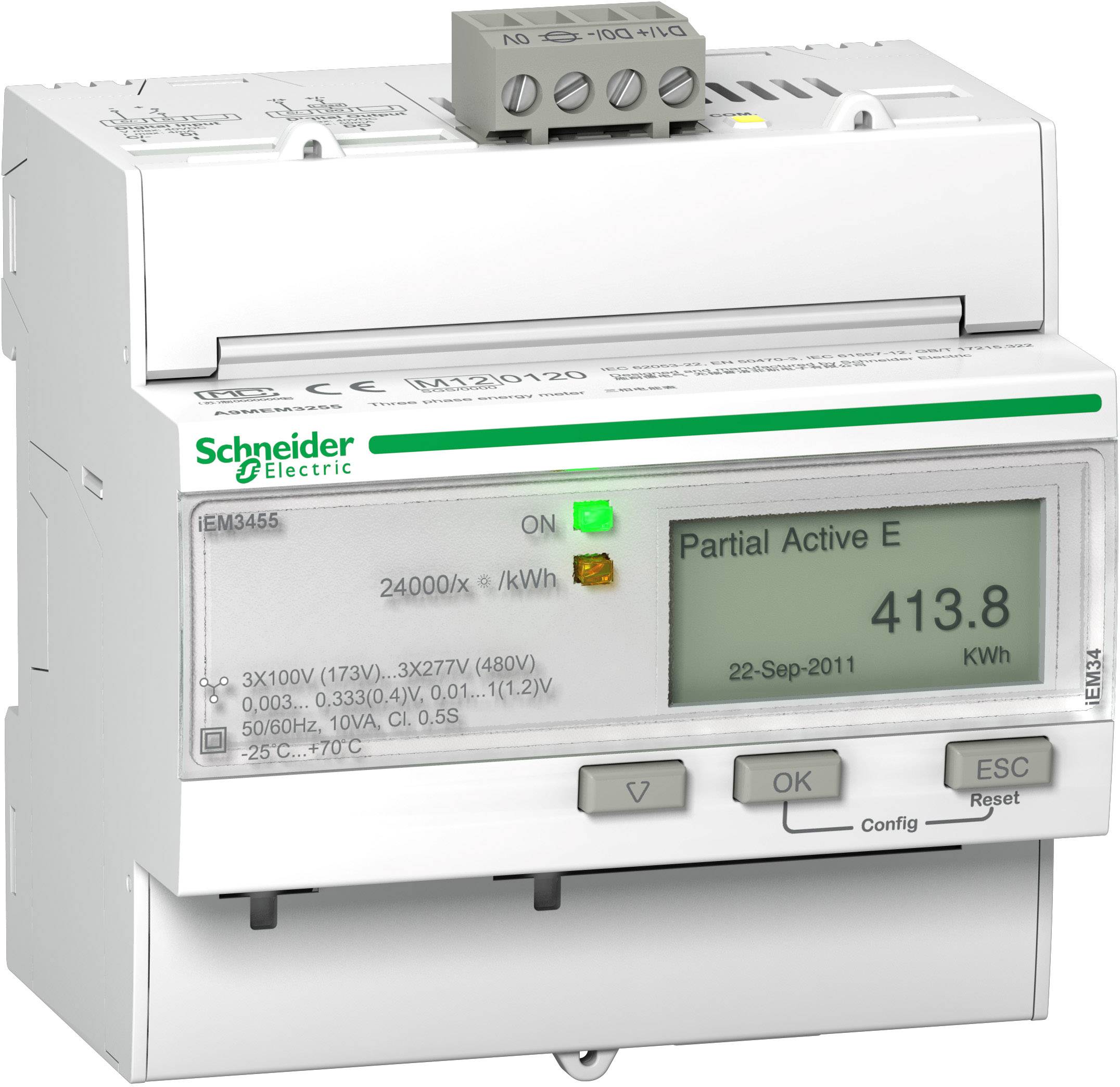 Ein elektronischer Energiezähler von Schneider Electric zeigt 413,8 kWh auf einem digitalen Display an. Oben befindet sich ein Schalter.