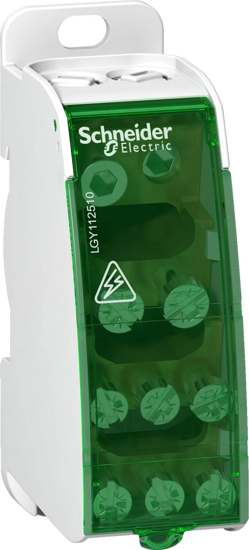 Ein grüner Sicherungshalter von Schneider Electric, Modell LGY112501, mit elektrischen Symbolen, dient der sicheren Stromverteilung.