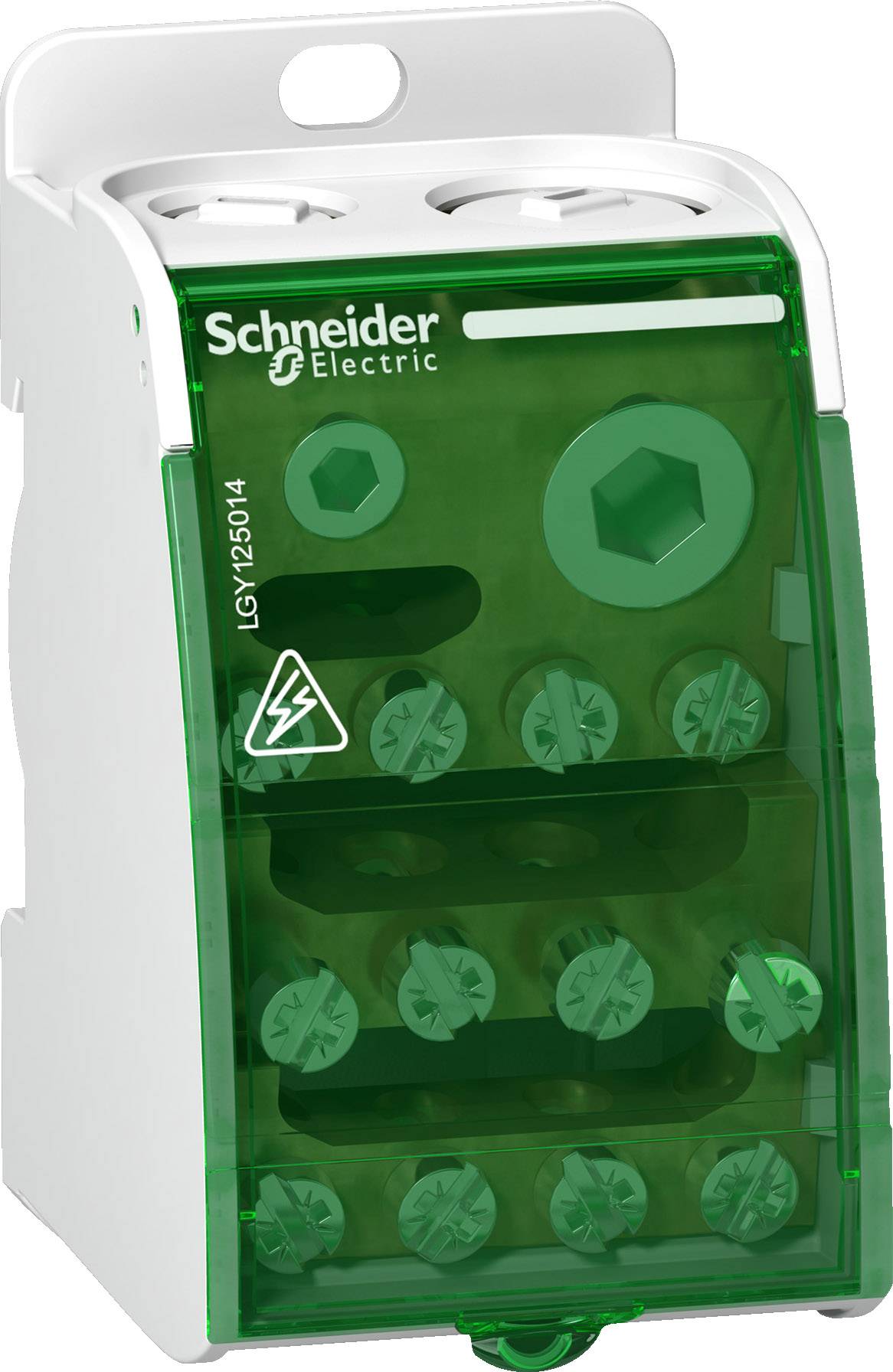 Grünes, transparentes elektrisches Verteilerblockgehäuse von Schneider Electric, mit sichtbaren Anschlüssen und Schrauben.