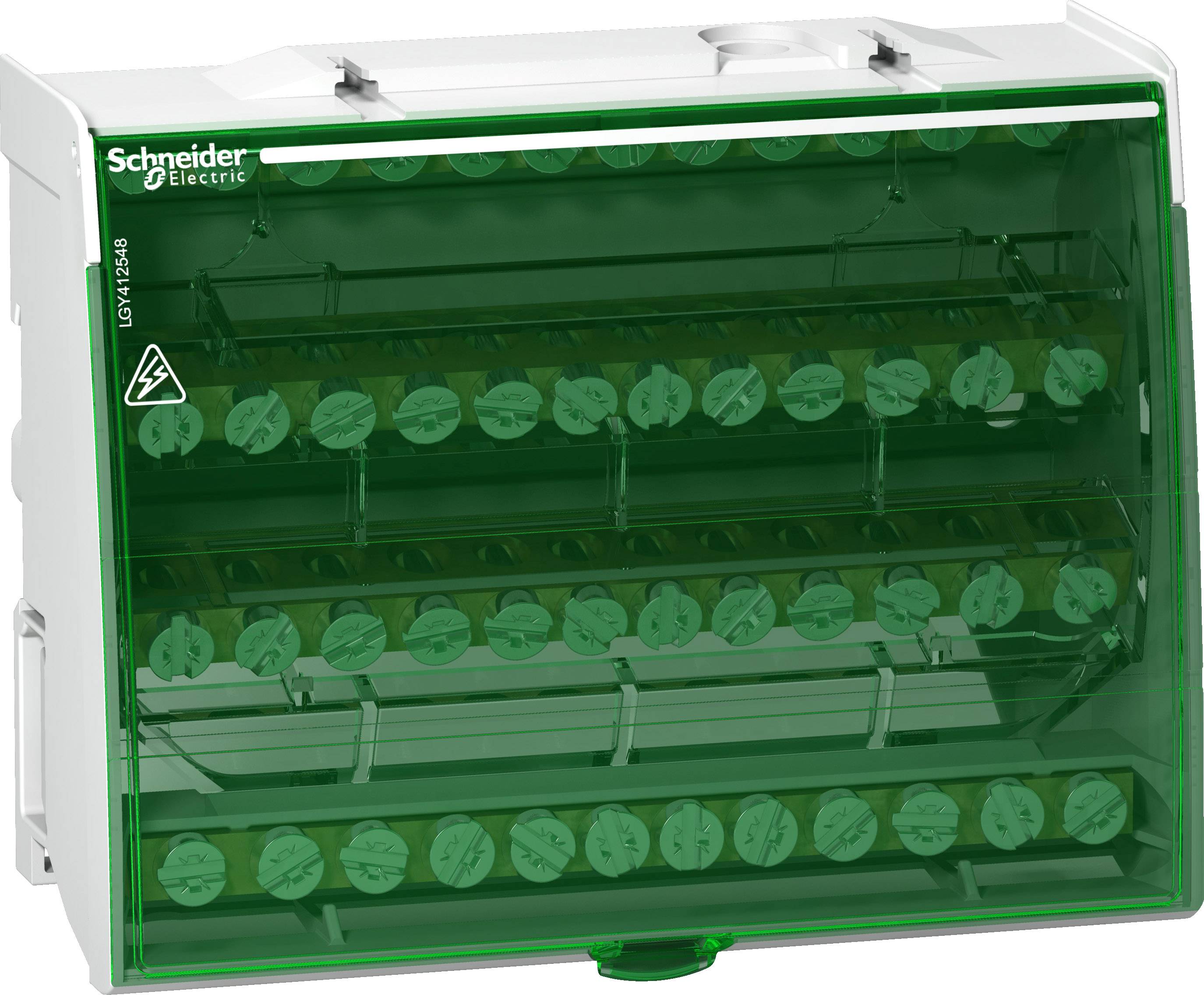 Grüner Sicherungskasten von Schneider Electric, Modell LGB142548, mit transparentem Gehäuse, zeigt interne Schaltkreise.