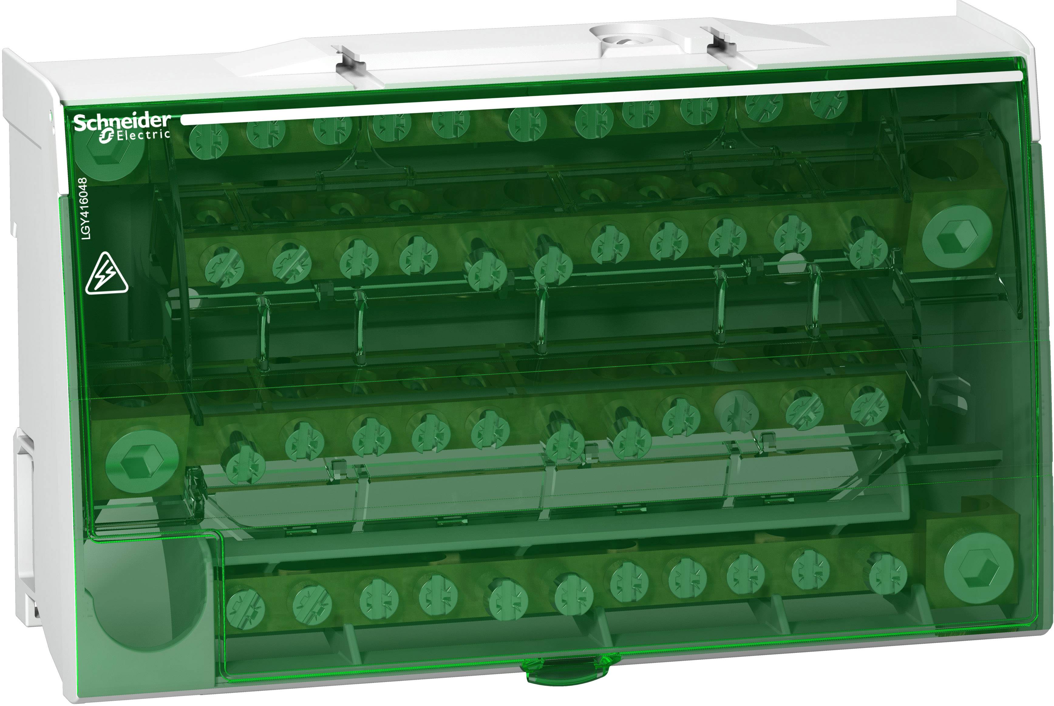 Elektrischer Sicherungskasten mit grünem transparentem Gehäuse, enthält mehrere Sicherungshalterungen und das Logo von Schneider Electric.