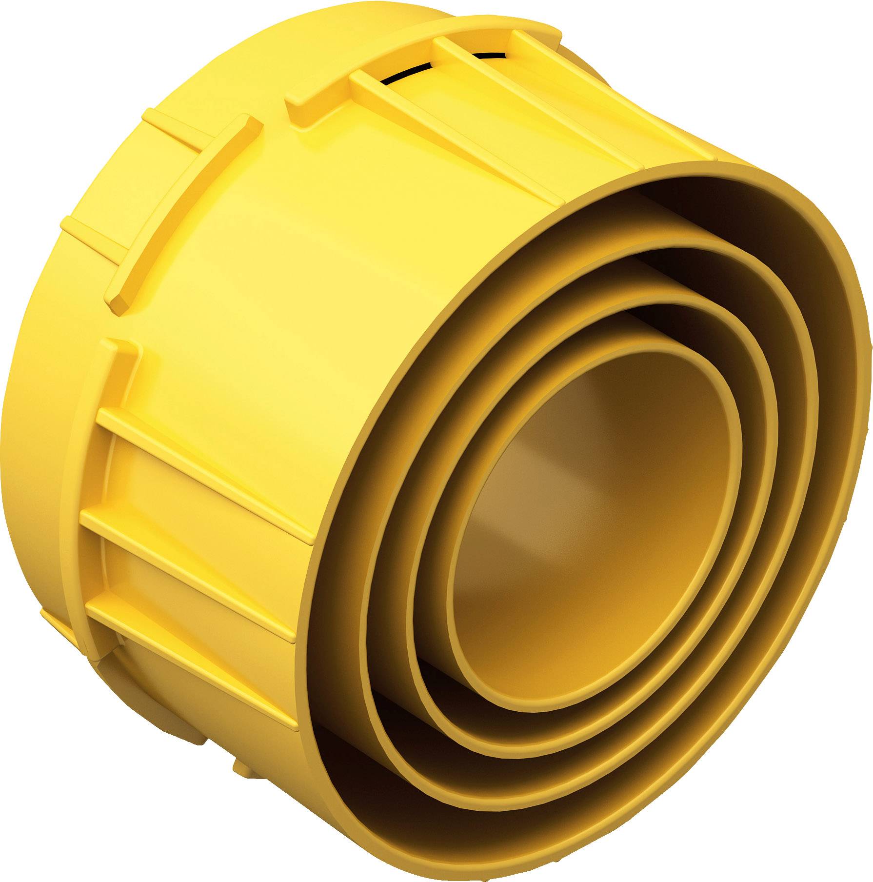 Gelber Kunststoffadapter mit mehreren gestuften Ringen, der in Sanitär- oder Belüftungssystemen als Verbindungsstück verwendet werden kann.