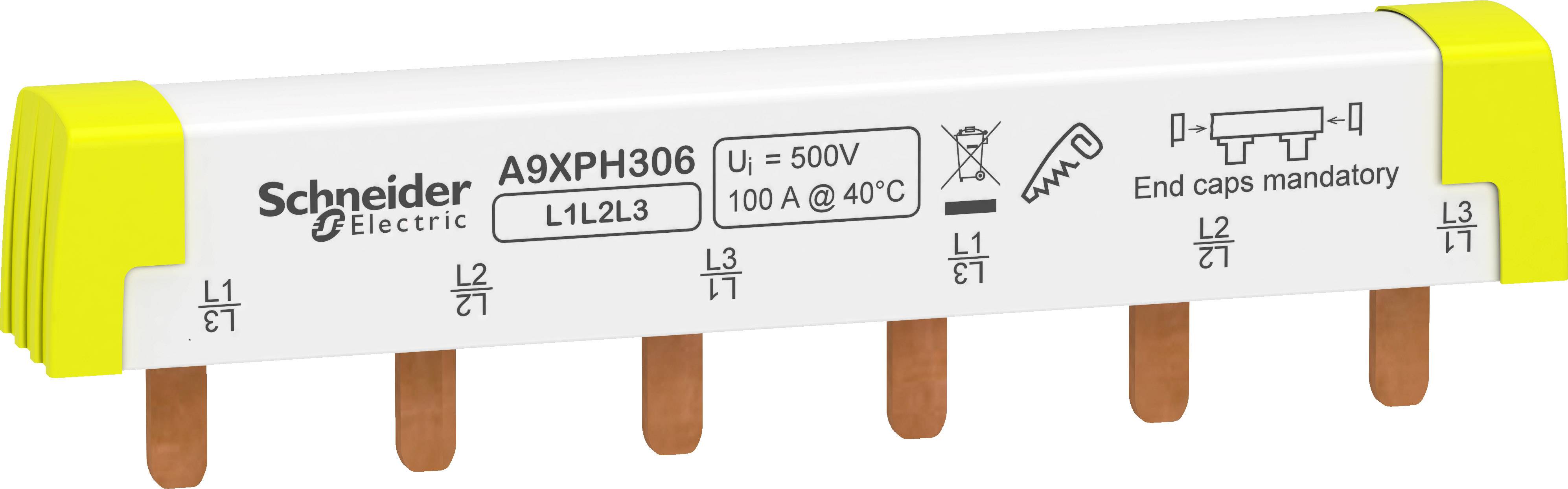 Ein Sammelschienenverbinder von Schneider Electric, Modell A9XPH306, mit drei L1, L2, L3 Leitern, 500V, 100A bei 40°C. Endkappen erforderlich.