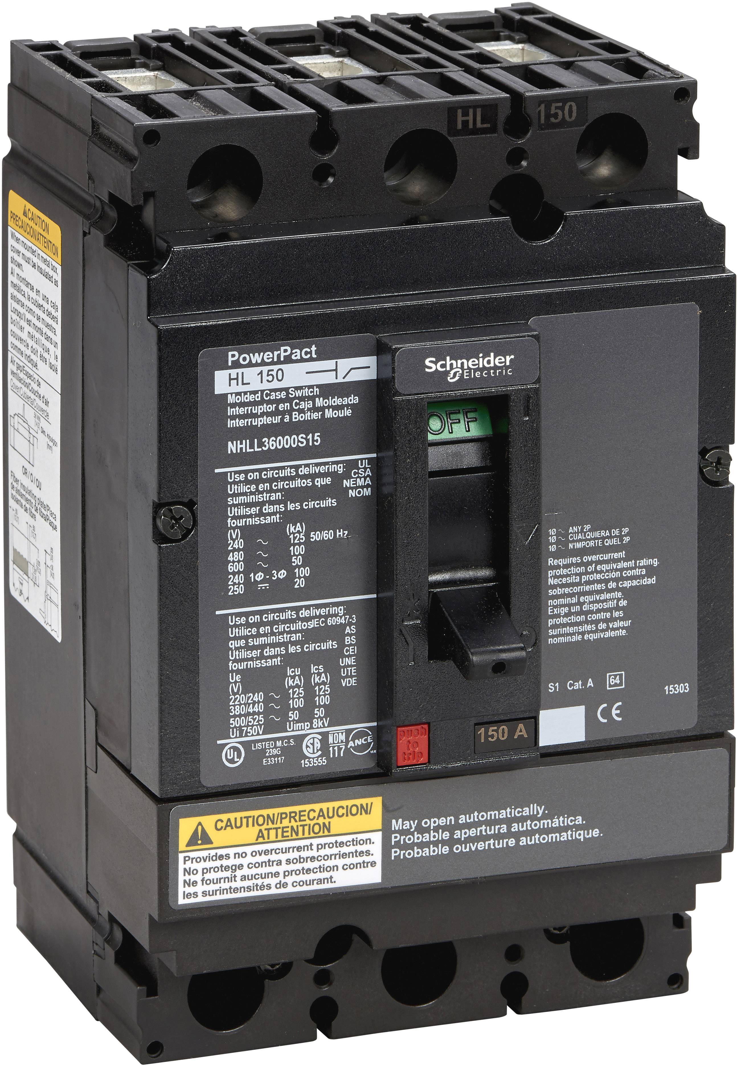 Schwarzer Leistungsschalter mit technischen Details und Beschriftungen, darunter 'PowerPact HL 150' und 'Schneider Electric'.