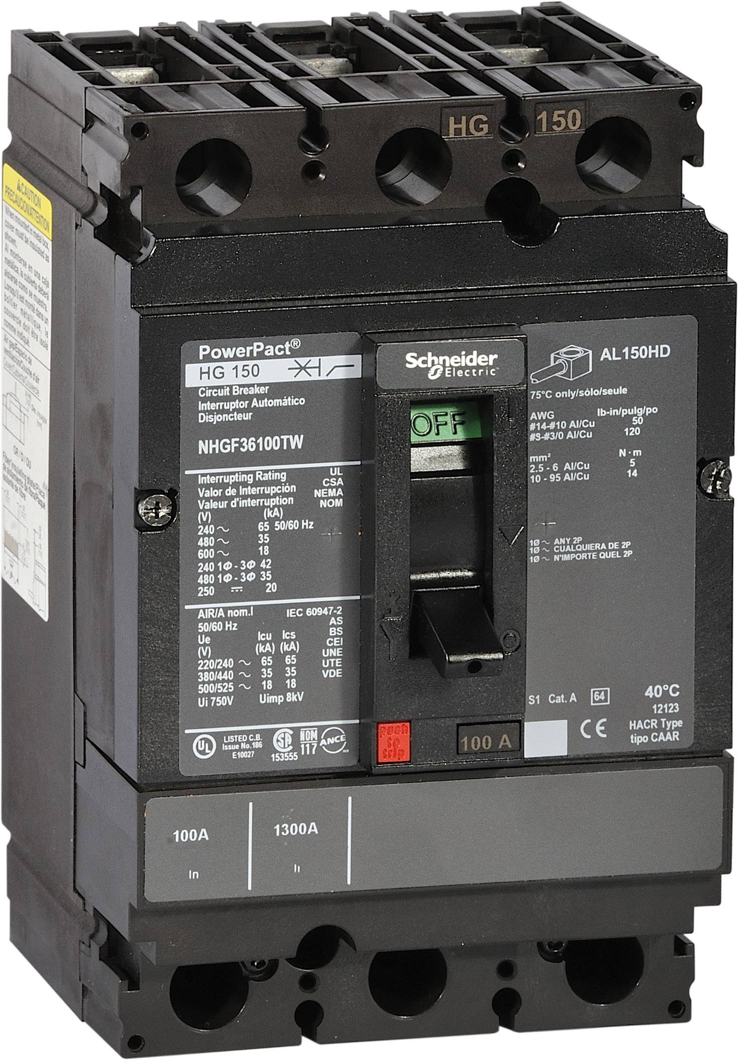 Leistungsschalter 'Schneider Electric PowerPact HG 150', zeigt Frontansicht mit Bedienhebel in der 'OFF'-Position und technische Spezifikationen.