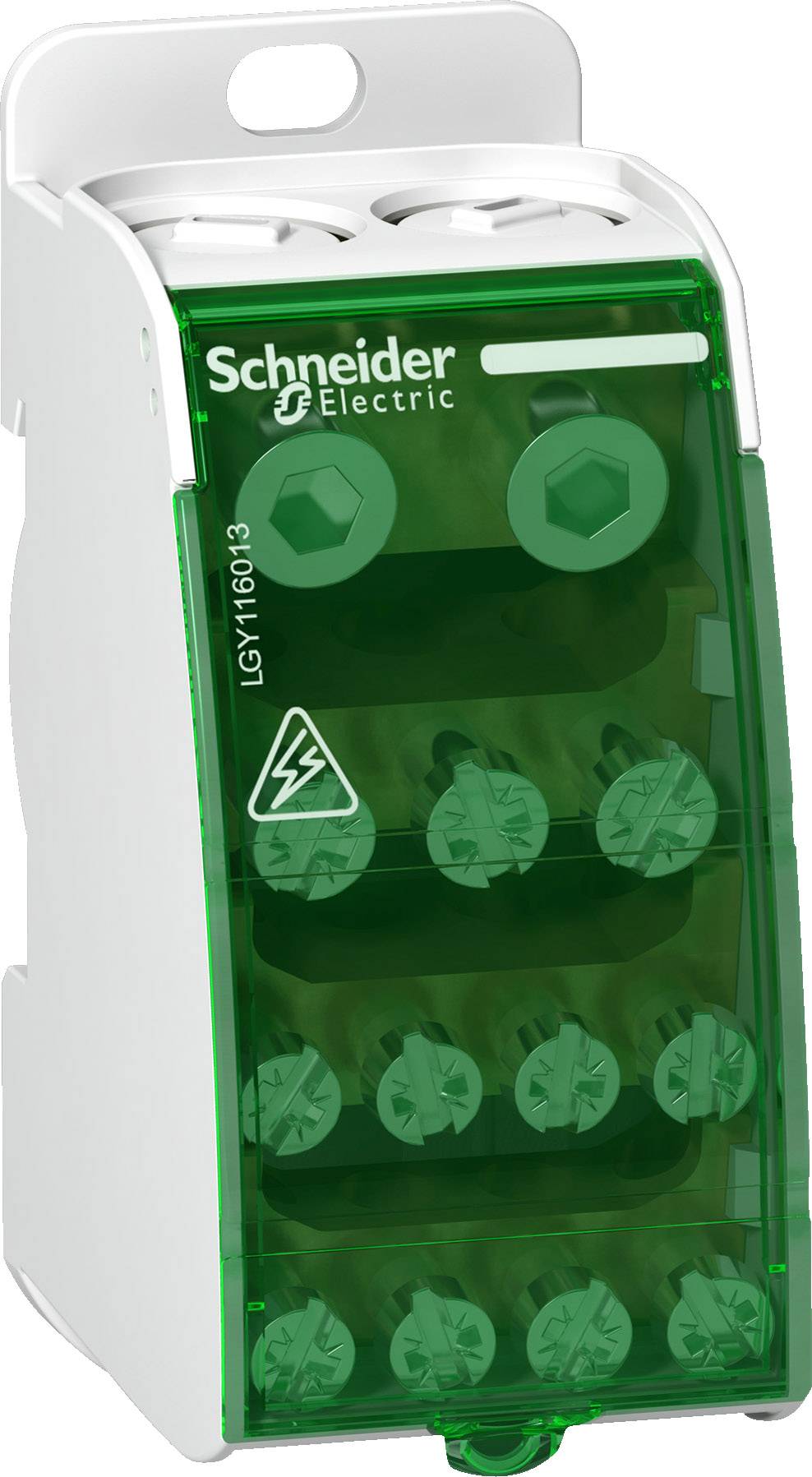 Grüne elektrische Verteilungseinheit von Schneider Electric, Modell LGY116013, mit mehreren Anschlüssen und einem transparenten Gehäuse.