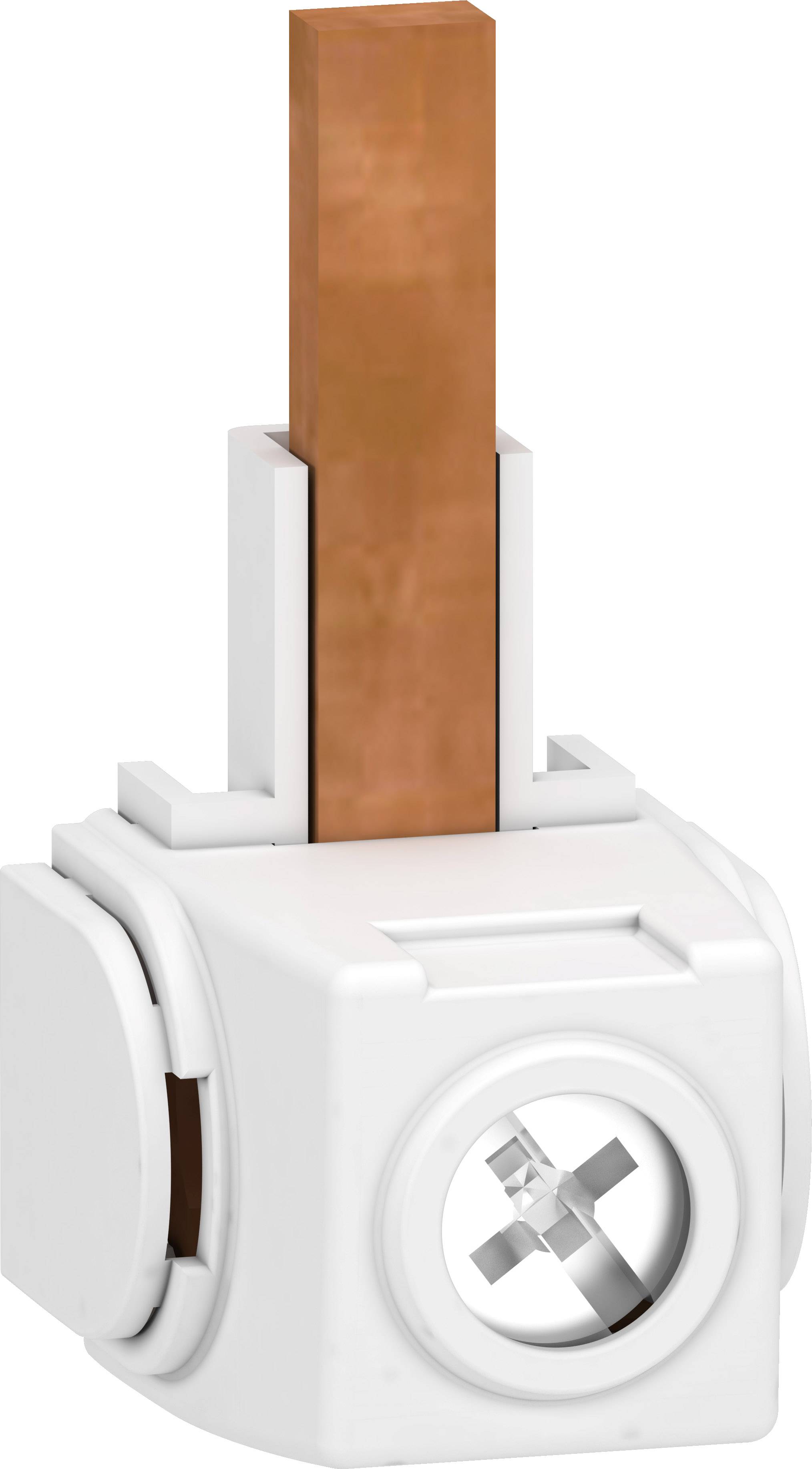 Ein elektrisches Bauteil mit einer kupferfarbenen Kontaktstelle und einem weißen Gehäuse. Geeignet für die Verwendung in Schalttafeln.