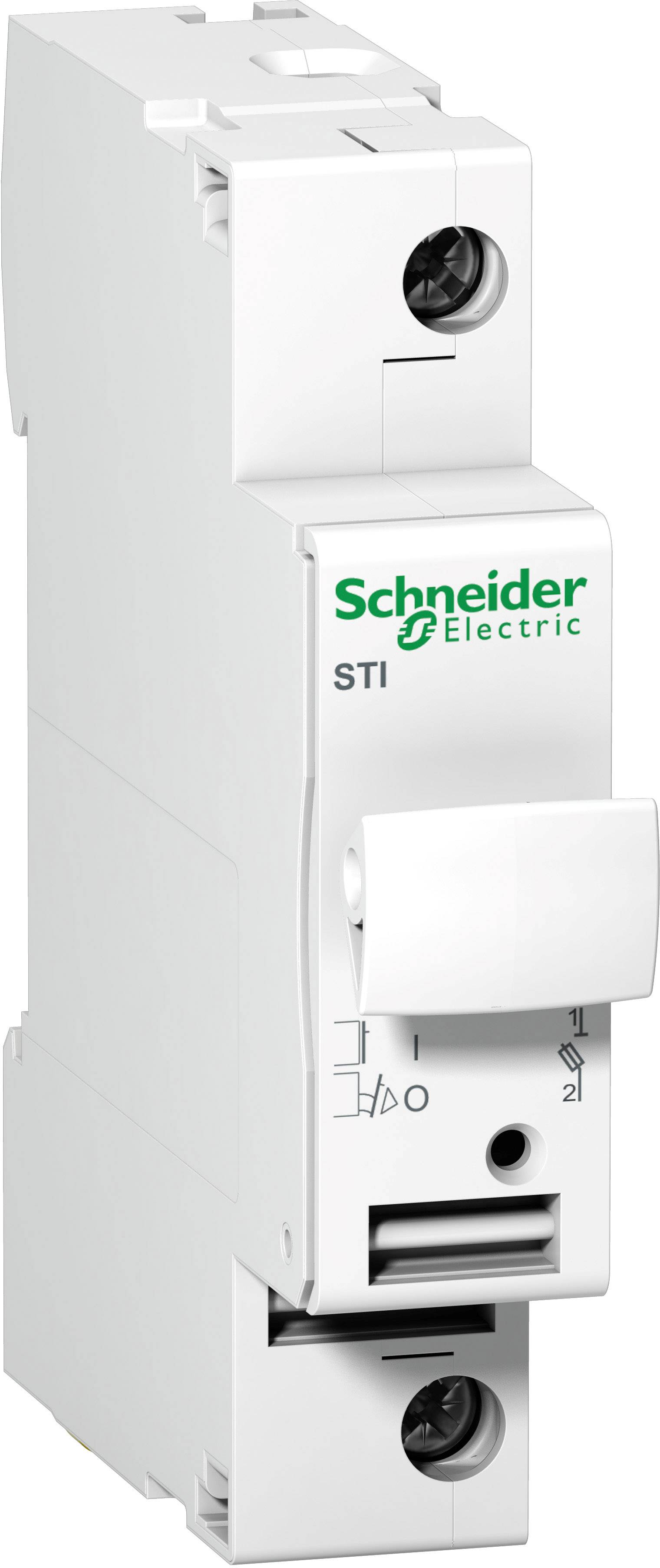Ein weißer Leistungsschalter von Schneider Electric mit der Aufschrift 'STI', zeigt Schalthebel und Anschlussklemmen.