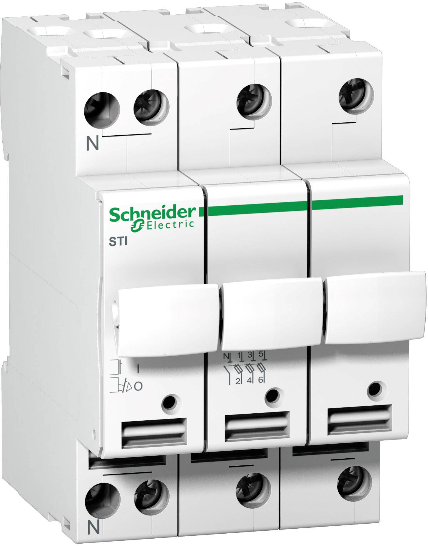 Dreipoliger Leitungsschutzschalter von Schneider Electric mit grüner Markierung oben. Vorderansicht zeigt Schalter und Schraubanschlüsse.