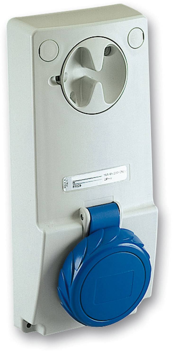 Grauer Industrieschalter mit blauer Steckdose, vertikal montiert.