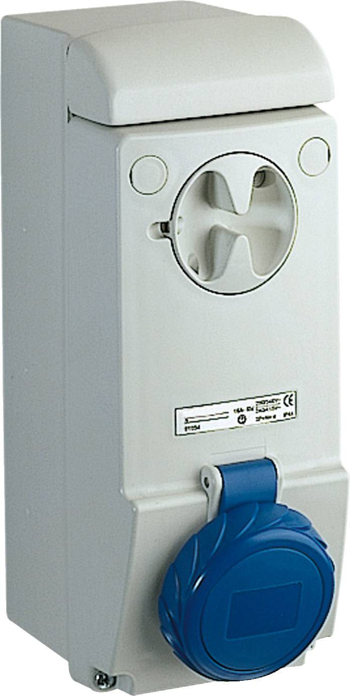 Ein graues elektrisches Gerät mit blauer Steckdose, passend für Industriestecker. Oben eine Metallbefestigung, CE-Kennzeichnung sichtbar.