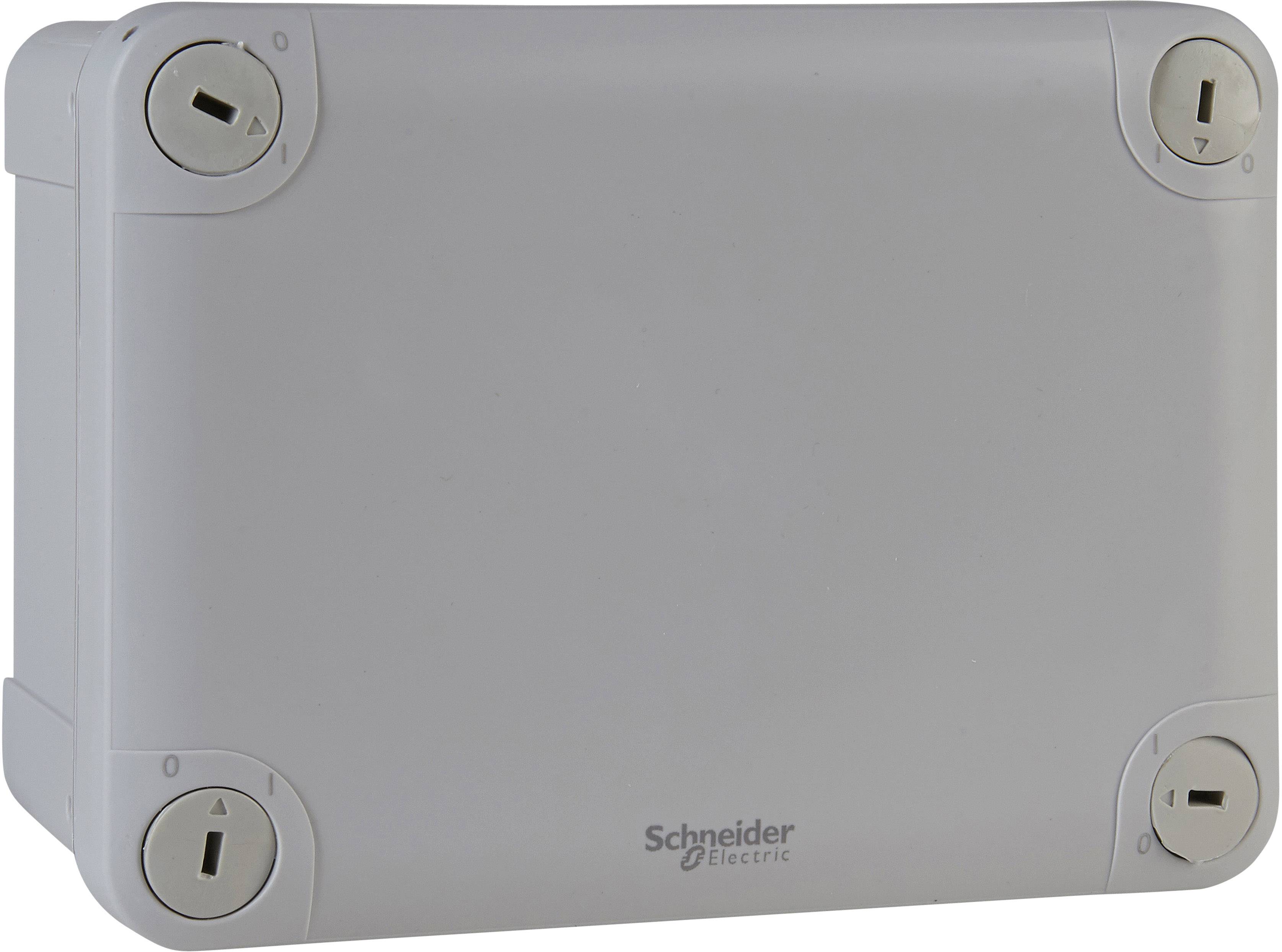 Graues elektrisches Gehäuse mit dem Logo 'Schneider Electric'. Es hat vier verschlossene Schrauben an den Ecken.