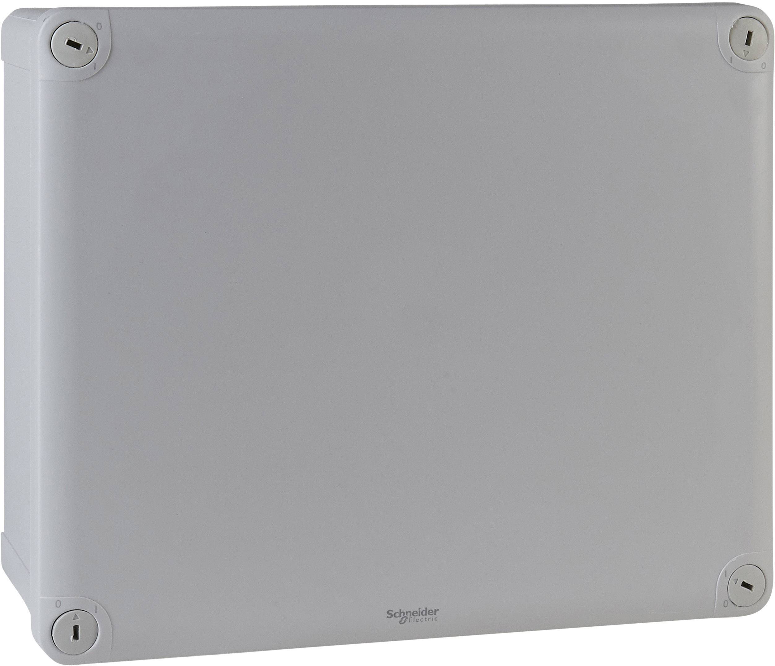 Graues elektrisches Verteilergehäuse von Schneider Electric mit abgerundeten Ecken und vier Schrauben an den Ecken zur Befestigung.