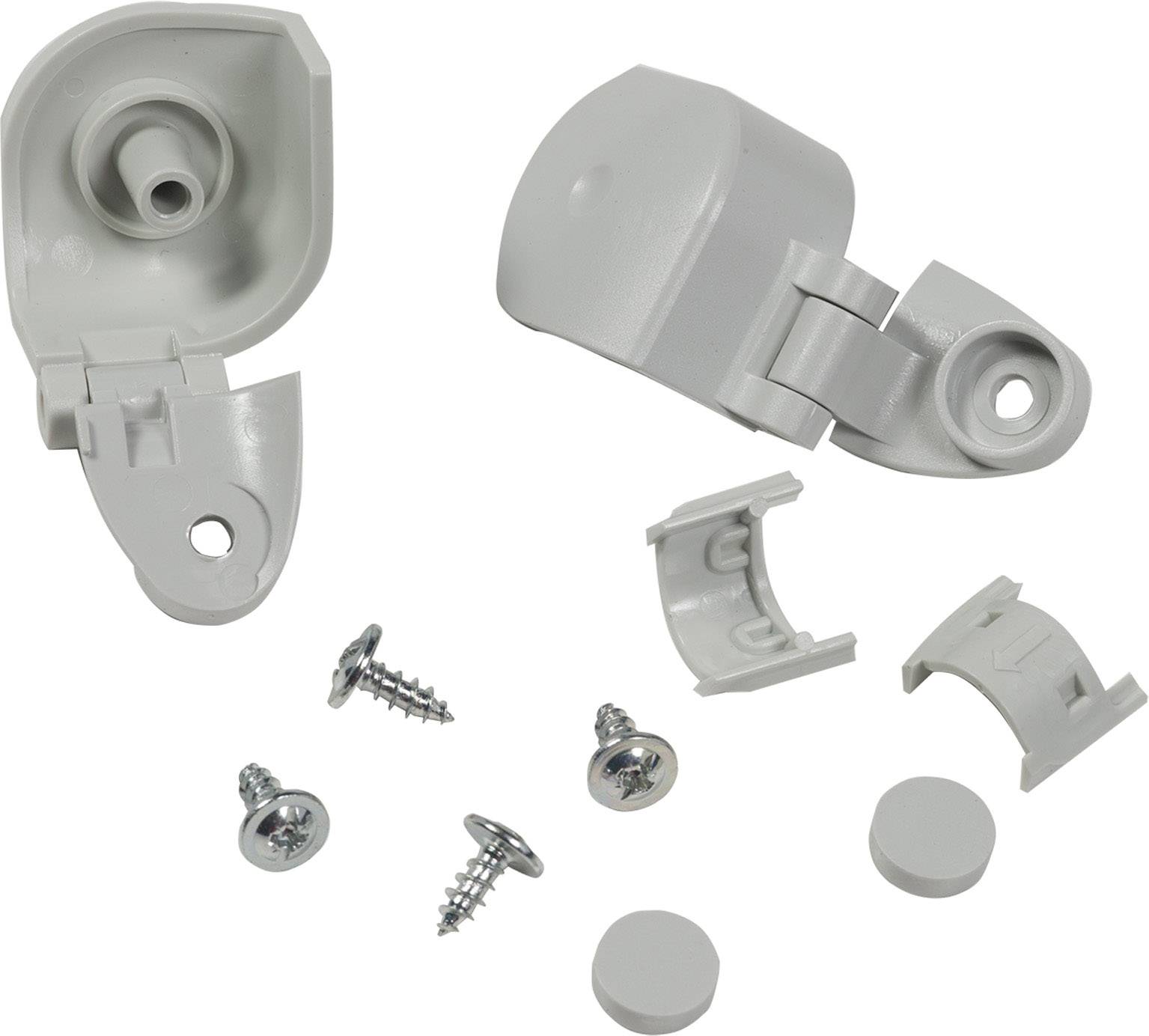 Weiße Kunststoffwinkel und Schrauben zur Wandmontage.