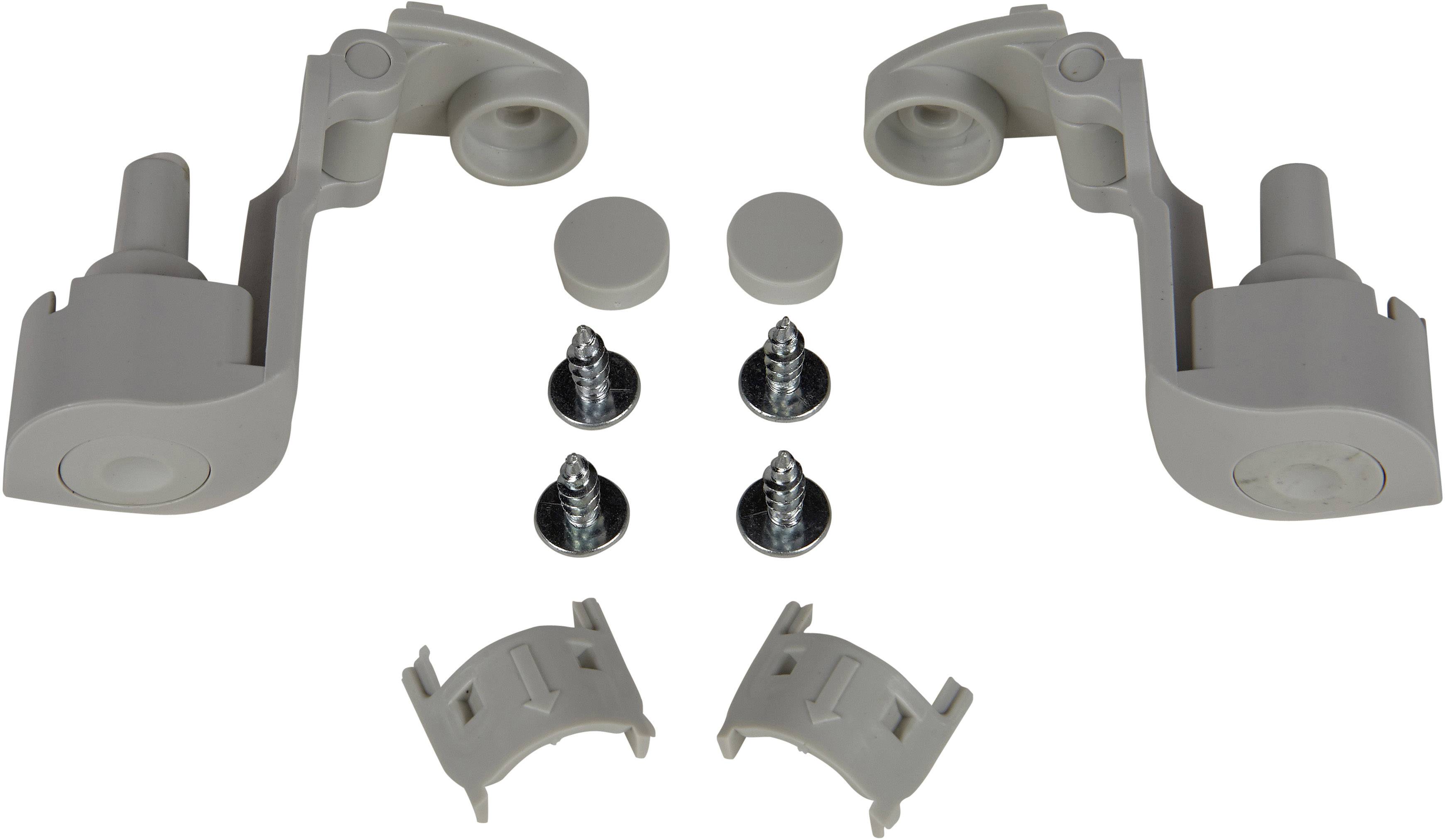 Zwei weiße Kunststoffteile mit Scharniermechanismus, vier Schrauben, zwei runde Kunststoffabdeckungen und zwei Halterungen, wahrscheinlich Befestigungsteile für Möbel oder Schränke.