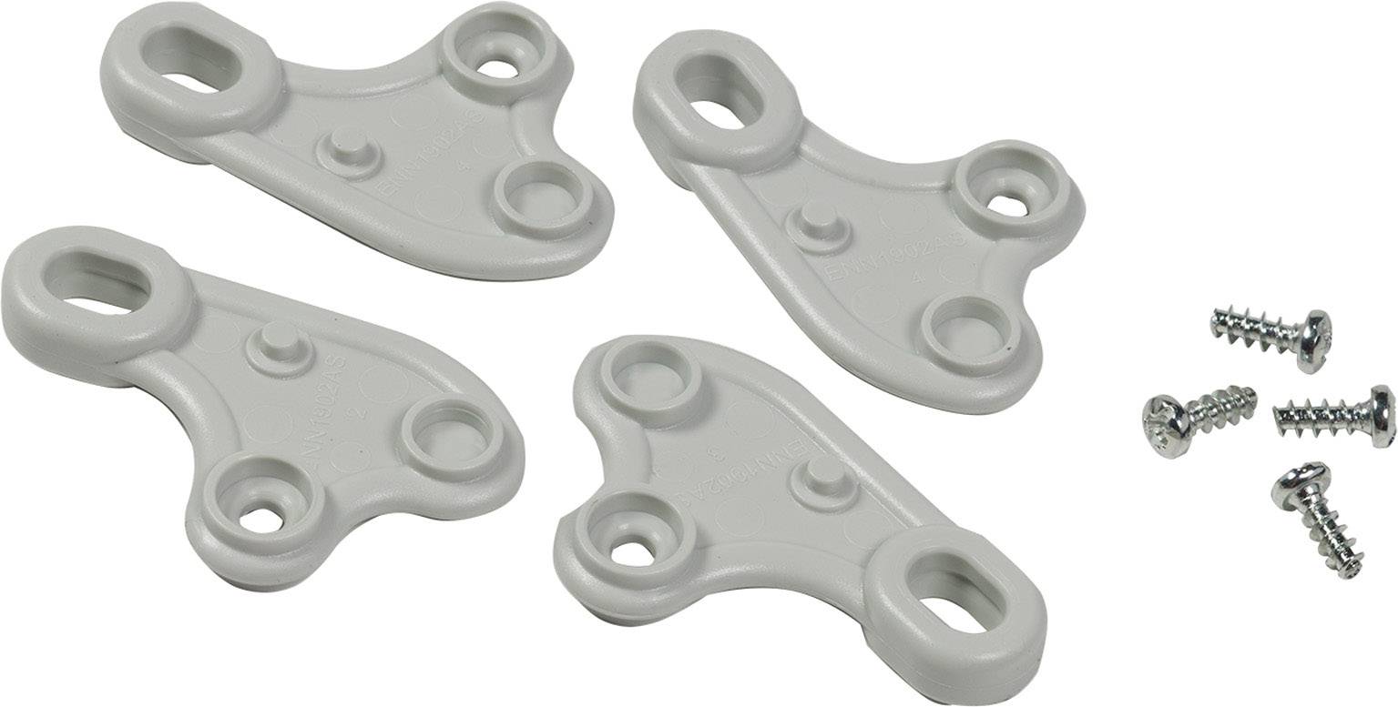 Vier weiße Kunststoffwinkel mit jeweils drei Löchern, begleitet von fünf silbernen Schrauben. Geeignet zur Möbelmontage.