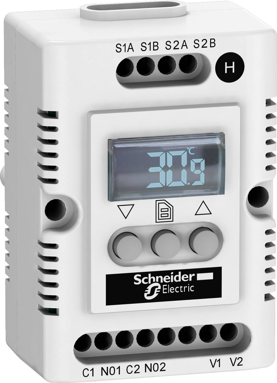 Elektronischer Thermostat mit Digitalanzeige zeigt '30°C'. Markenname 'Schneider Electric' darunter. Mehrere Anschlussklemmen oben und unten.