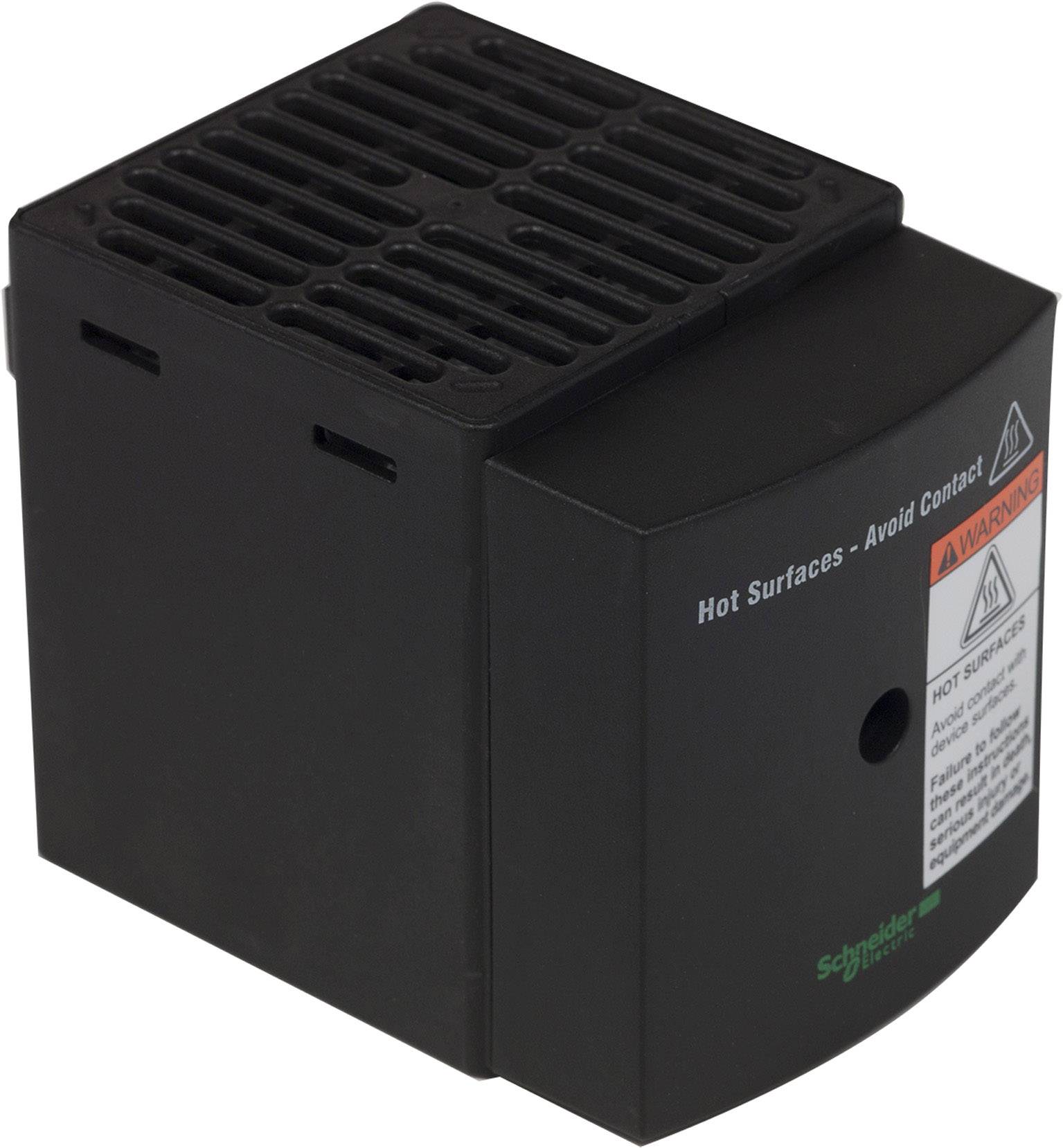 Schwarzer elektrischer Widerstandsheizer mit Warnaufkleber 'Hot Surfaces - Avoid Contact', ideal für Schaltschrank-Anwendungen.