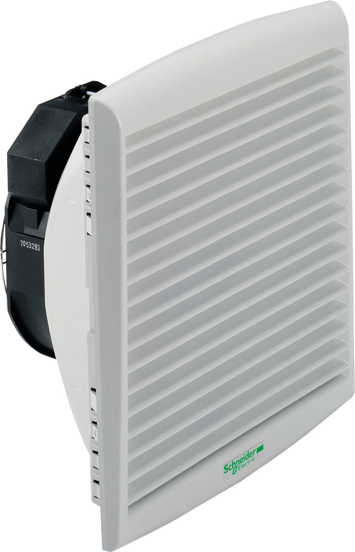 Weiße, quadratische Lüftungseinheit von Schneider Electric mit horizontalen Lamellen, geeignet für Klimatisierung und Belüftungssysteme.
