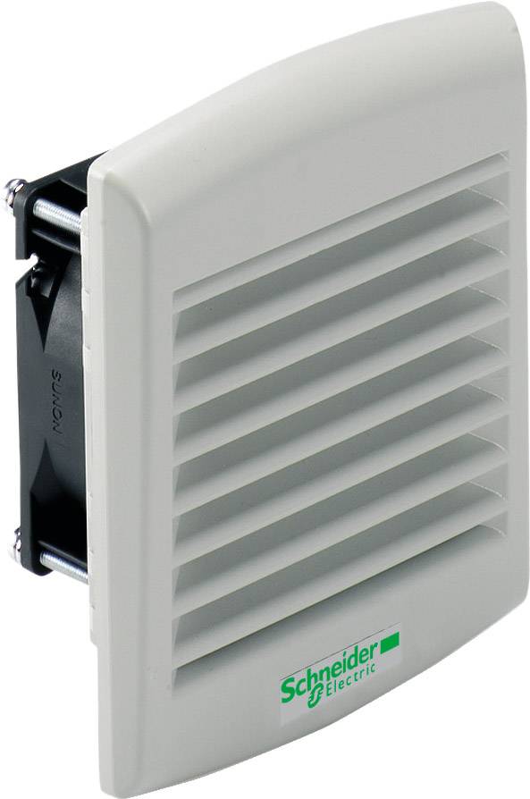Ein graues Lüftungsgitter mit dem Logo von Schneider Electric. Es hat horizontale Lüftungsschlitze und ist an der Wand montiert.