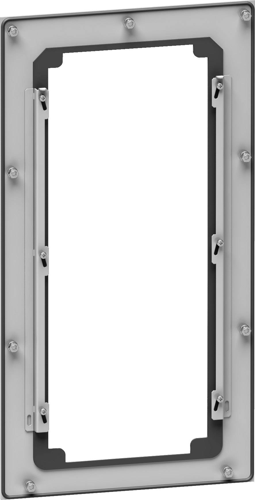 Rechteckiger Metallrahmen mit Schrauben und Scharnieren, möglicherweise Teil eines Tür- oder Fenstermechanismus, auf weißem Hintergrund.
