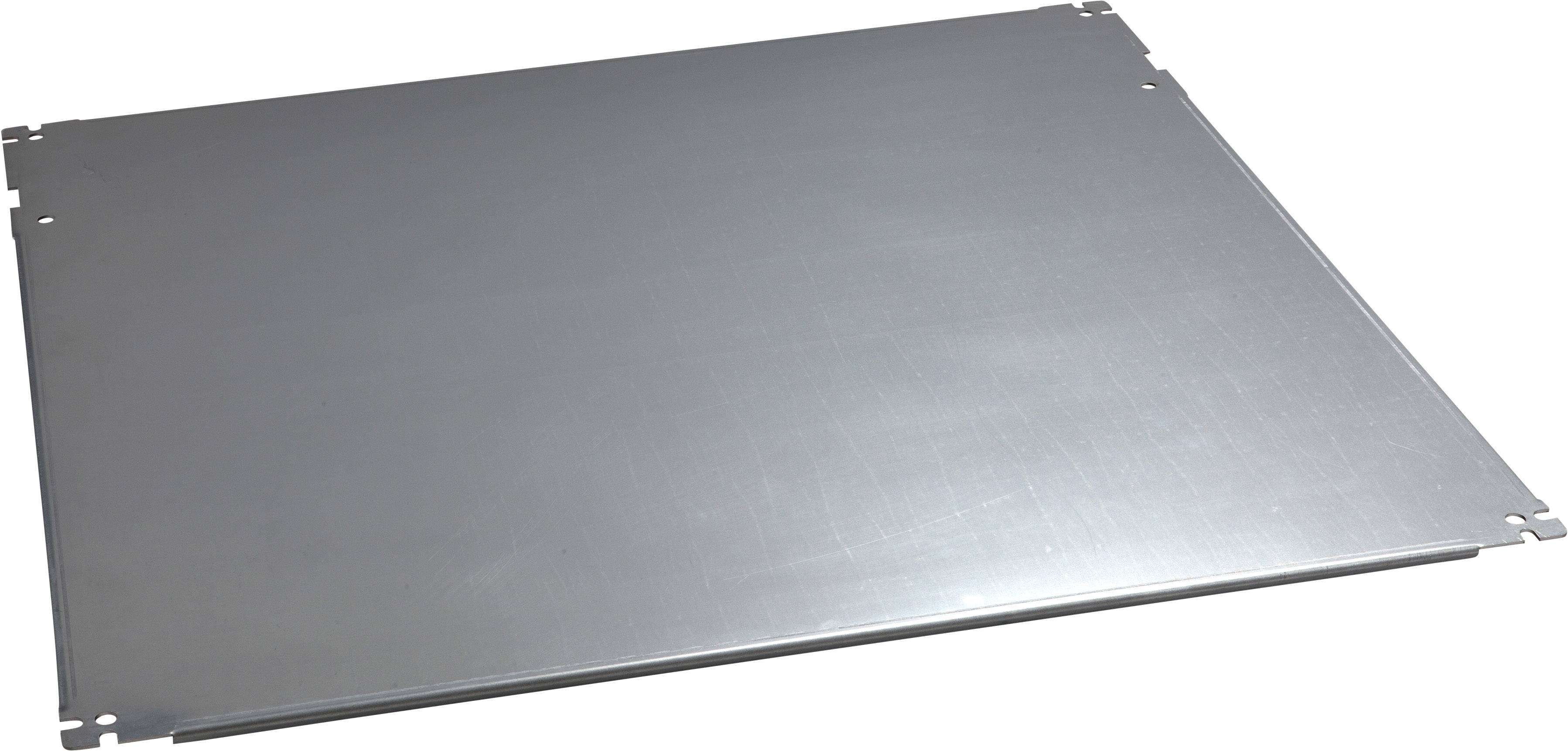 Eine rechteckige, flache Metallplatte mit abgerundeten Ecken und kleinen Aussparungen an den Seiten.
