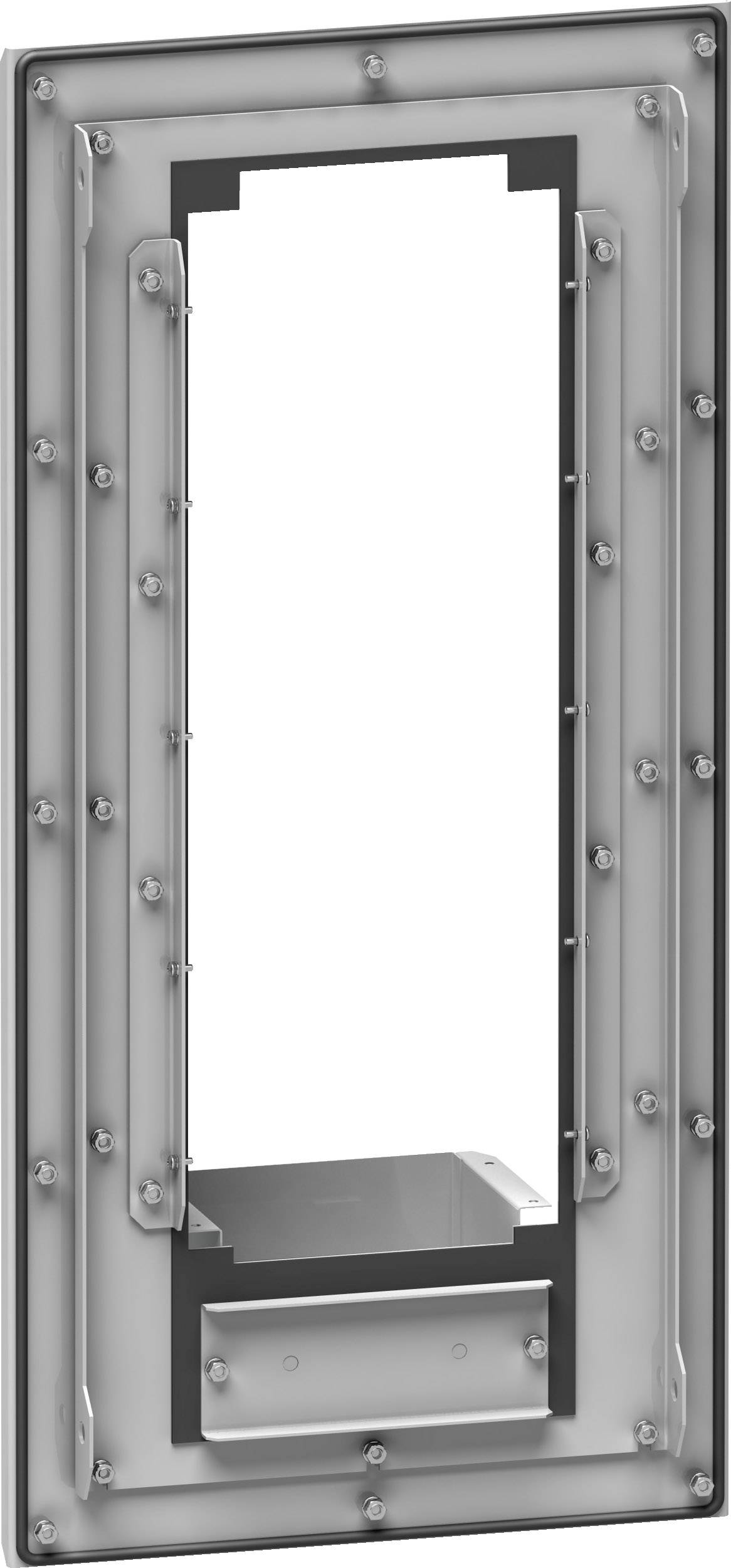 Metallrahmen mit rechteckiger Aussparung in der Mitte, gesichert durch Schrauben entlang der Kanten.
