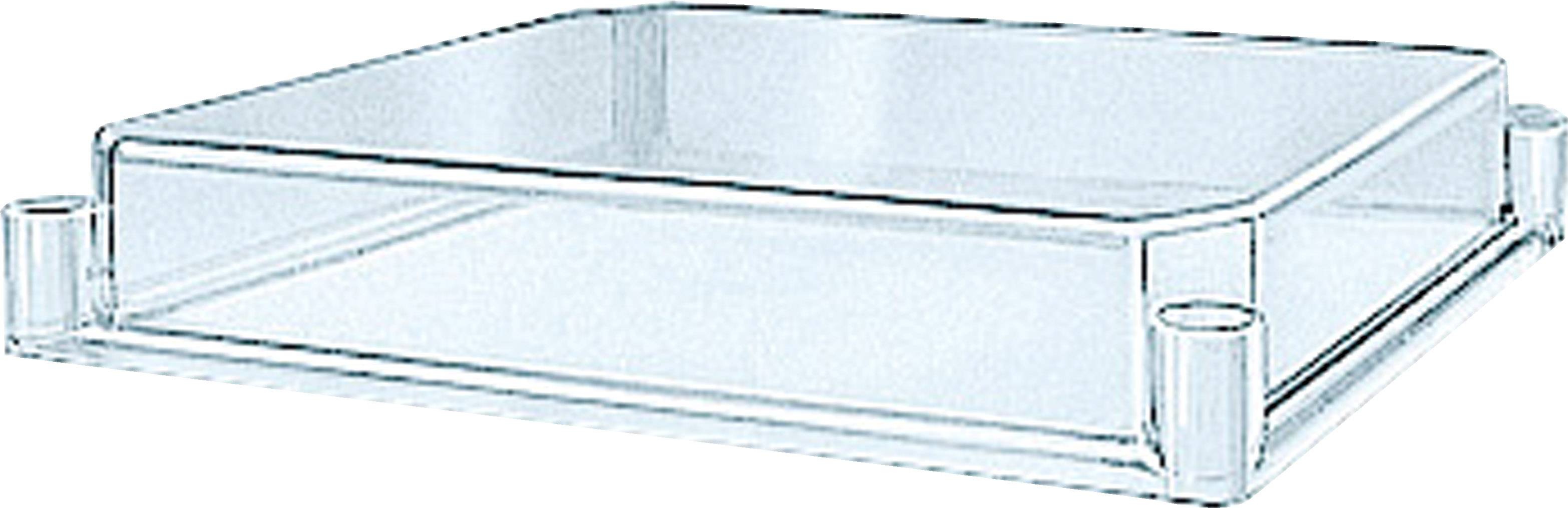 Klare rechteckige Kunststoffabdeckung mit erhöhten Seiten und vier Stützpunkten an den Ecken.