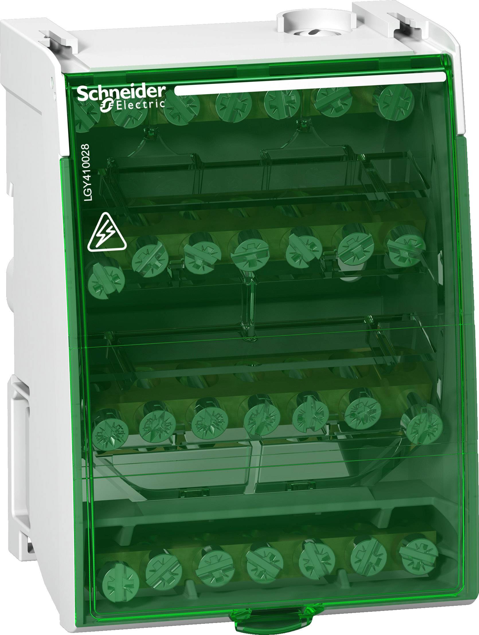 Ein grüner Ventilblock von Schneider Electric mit mehreren Anschlüssen und einem Blitzsymbol, das auf elektrische Spannung hinweist.