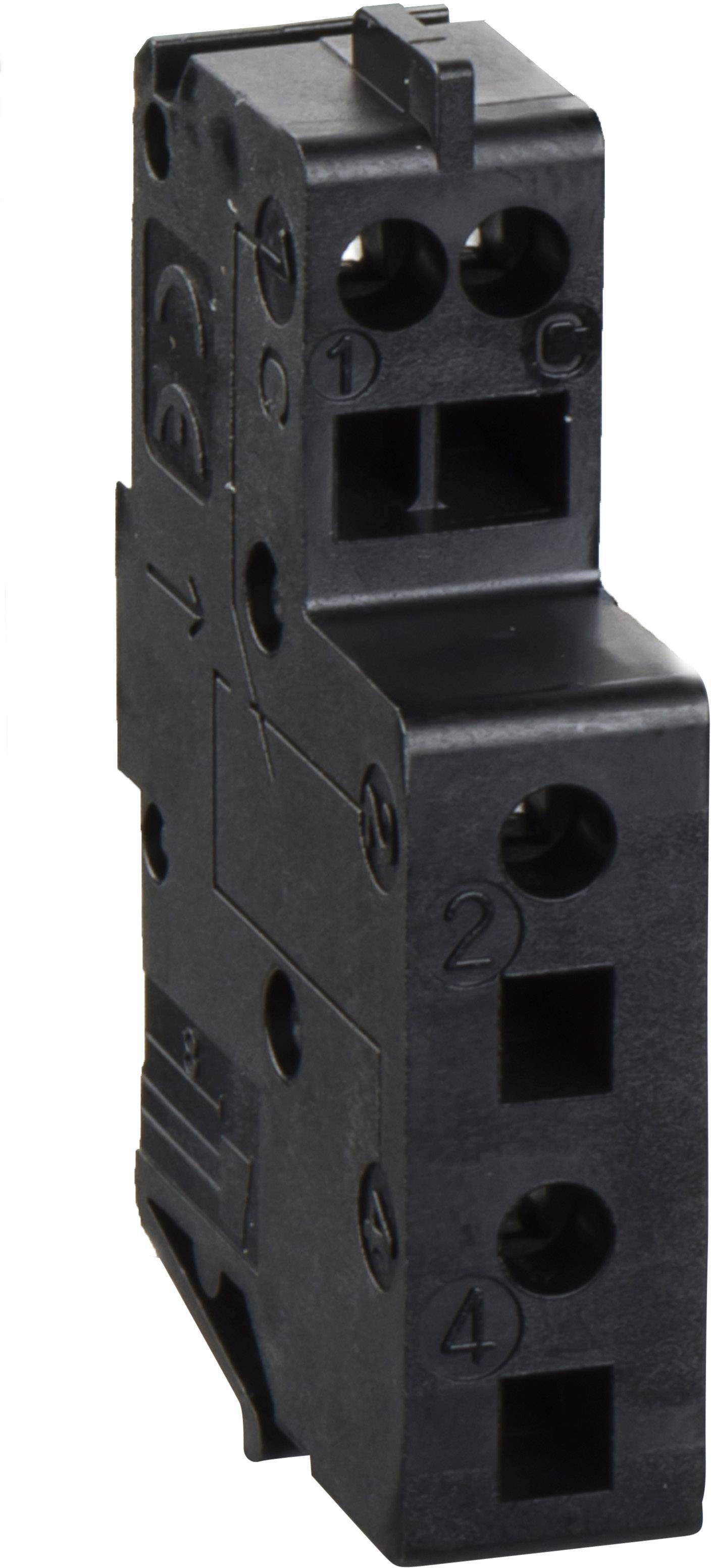 Schwarzer Elektromagnetischer Kontaktblock mit vier Anschlussklemmen, die mit Zahlen und Buchstaben gekennzeichnet sind.