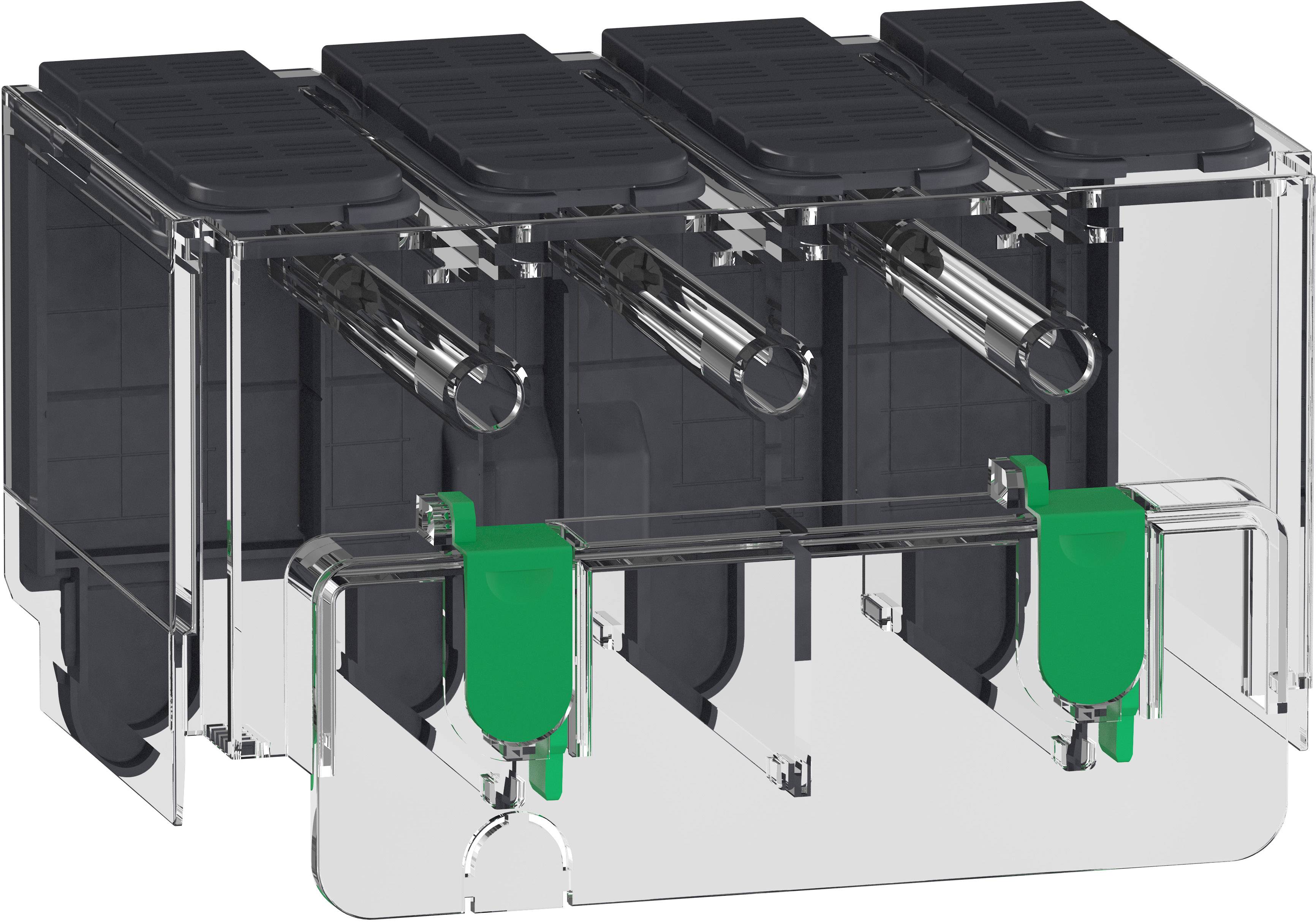 Ein transparenter Batteriehalter mit vier schwarzen Batterien nebeneinander. Zwei grüne Clips an der Vorderseite halten die Batterien sicher.