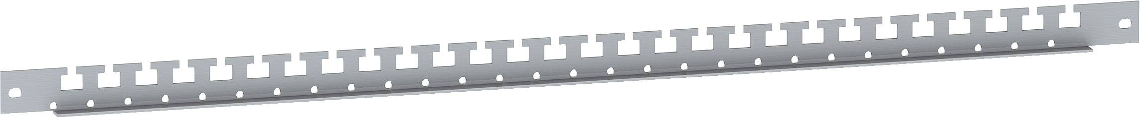 Metallschiene mit rechteckigen Aussparungen, vermutlich zur Montage in einem Serverrack oder Schaltsystem.